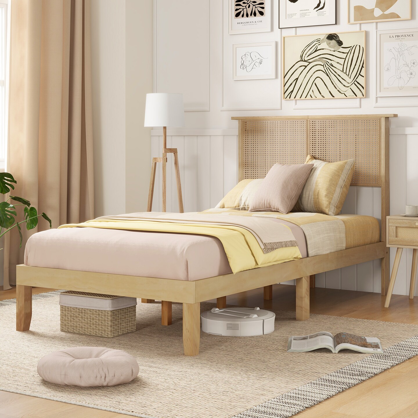Natural Platform Bed Frame with Rattan Headboard and 12 Wooden Slats