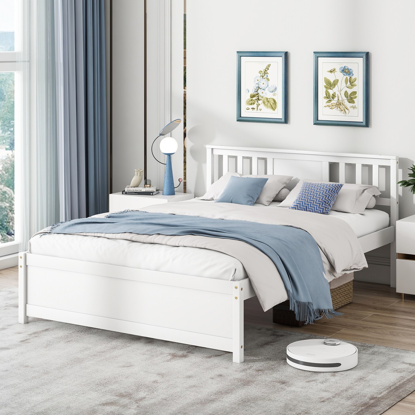 Wooden Platform Bed with Headboard and Wood Slat Support White