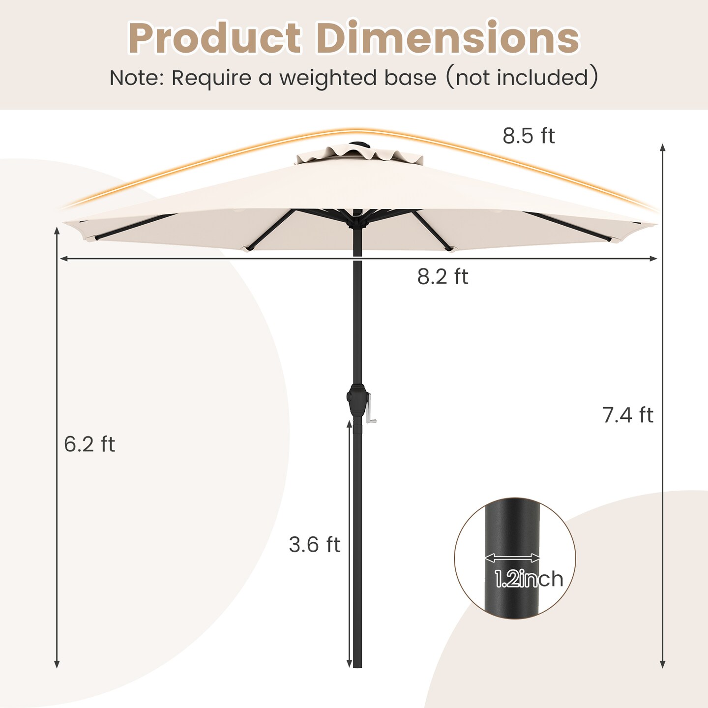 Fabric Outdoor Heavy Duty Market Umbrella with Crank Handle, 8 Sturdy Ribs, UV Protection