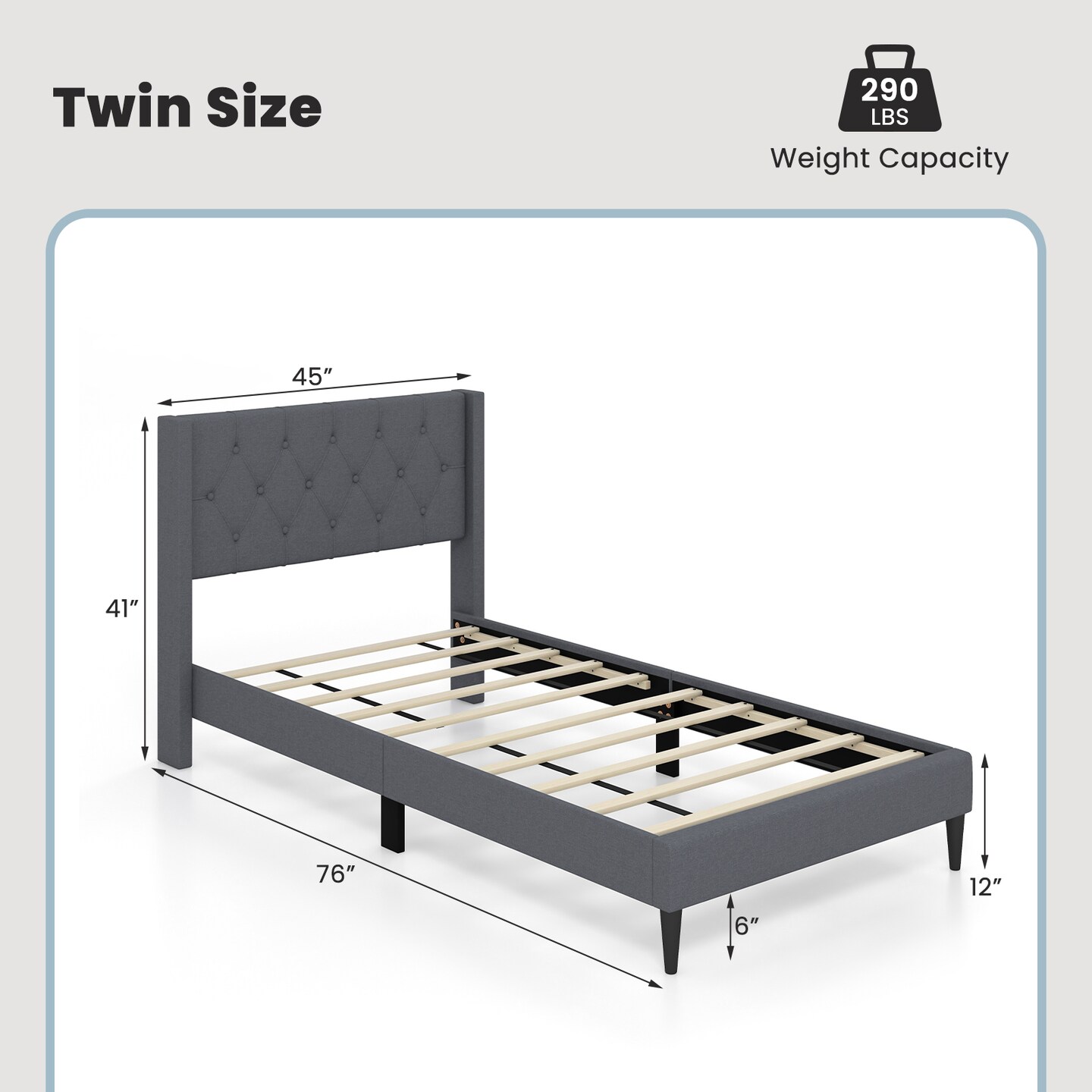 Twin Size Upholstered Platform Bed with Button Tufted Wingback Headboard and Adjustable Foot Pads