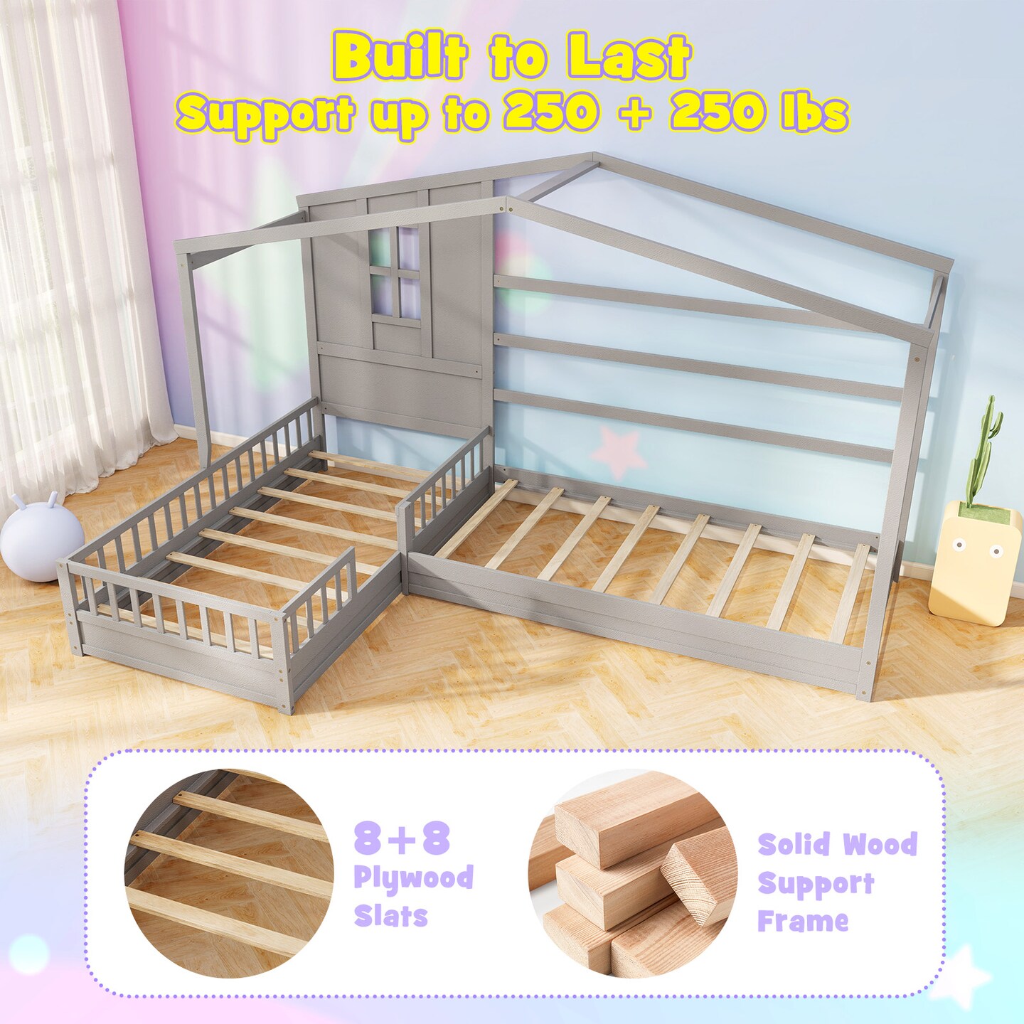 L-shaped Corner Twin House Bed with Guardrails, Creative Roof Design, Solid Wood Frame, and Easy Access