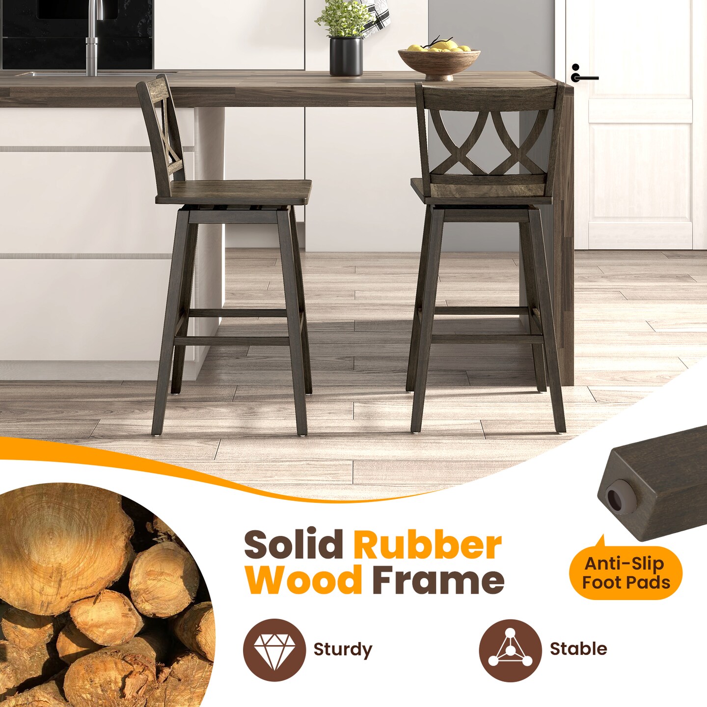 24/29 Inch Bar Stool Set of 2 Wooden Bar Chairs with Rubber Wood Frame, Adjustable Height, Modern Design
