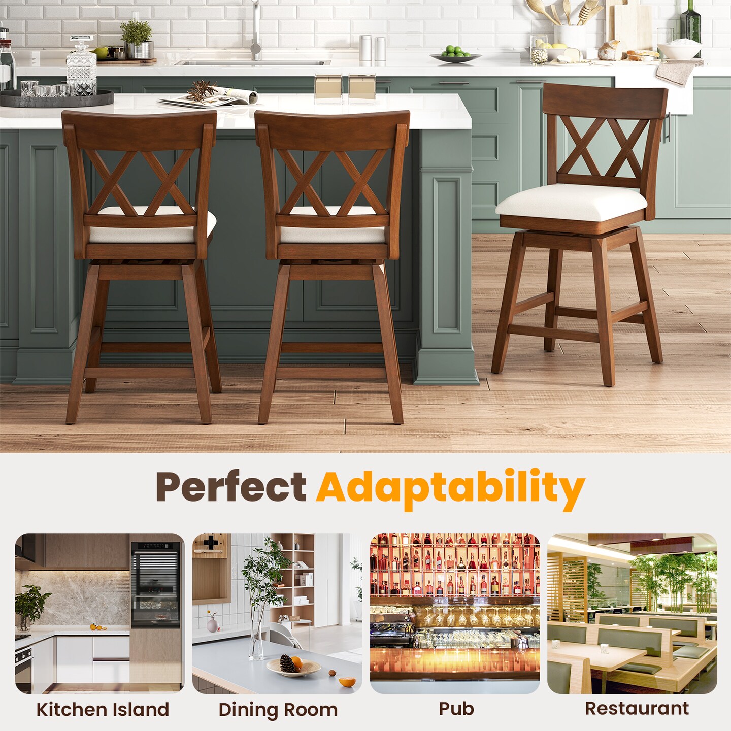 26 Inch Bar Stool with Contoured Backrest, Swivel Padded Seat, Adjustable Height