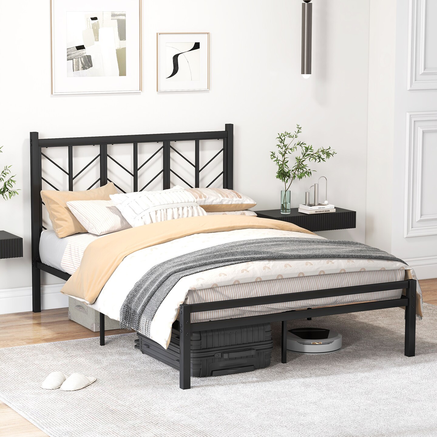 Black Platform Bed with Branches Shape Headboard Design and Metal Frame