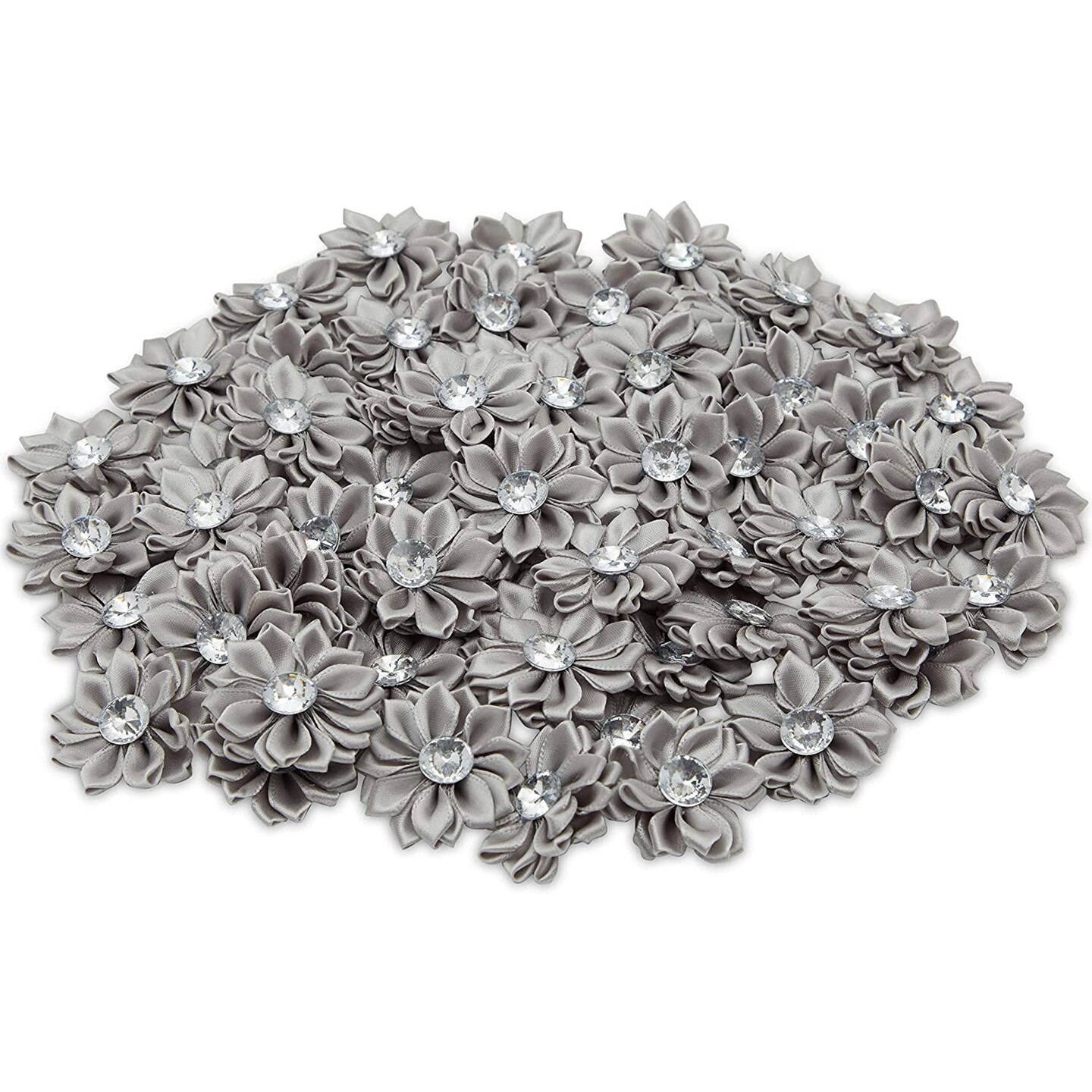 Juvale Fabric Flowers for Crafts, Grey Satin Embellishments with Rhinestones (1.5 in, 60 Pack)
