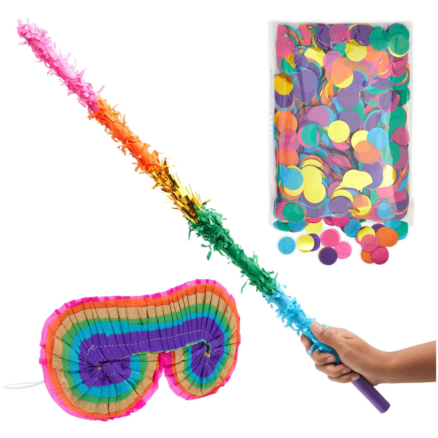 30-Inch Rainbow Pinata Stick with Rainbow Blindfold and Colorful Confetti - Pinata Bat for Birthday Party