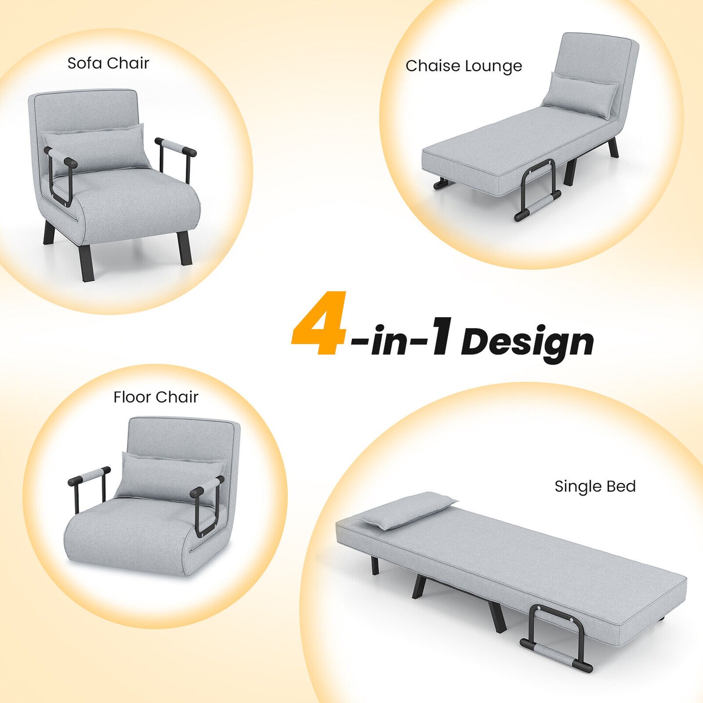 3-in-1 Versatile 6-Positon Adjustable Sleeper Bed with Padded Seat and Back