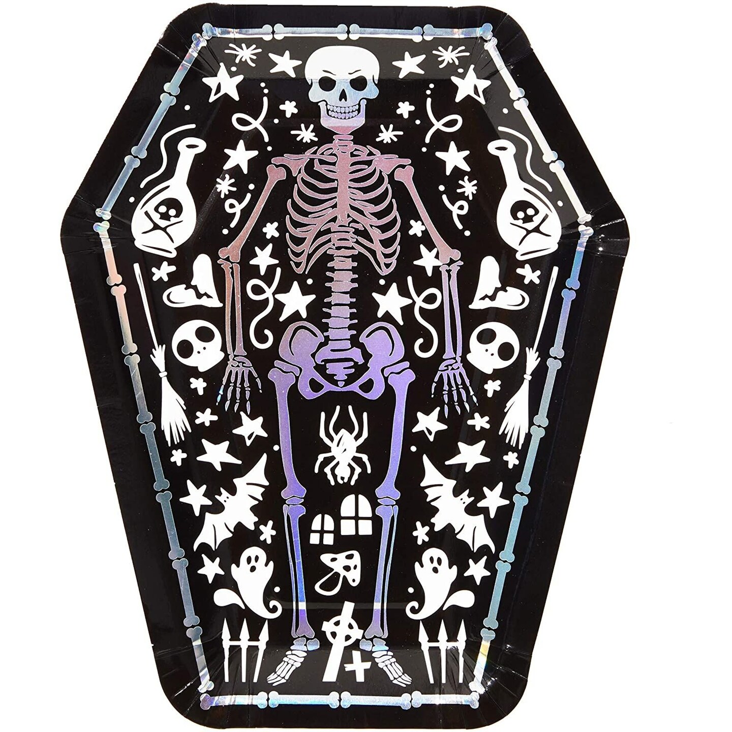 Spooky Central 48-Pack Skeleton Coffin Halloween Plates, 10-Inch Disposable Spooky Plates, Cute Coffin Paper Plates for Black Halloween Party Supplies, Vintage Skeleton Design