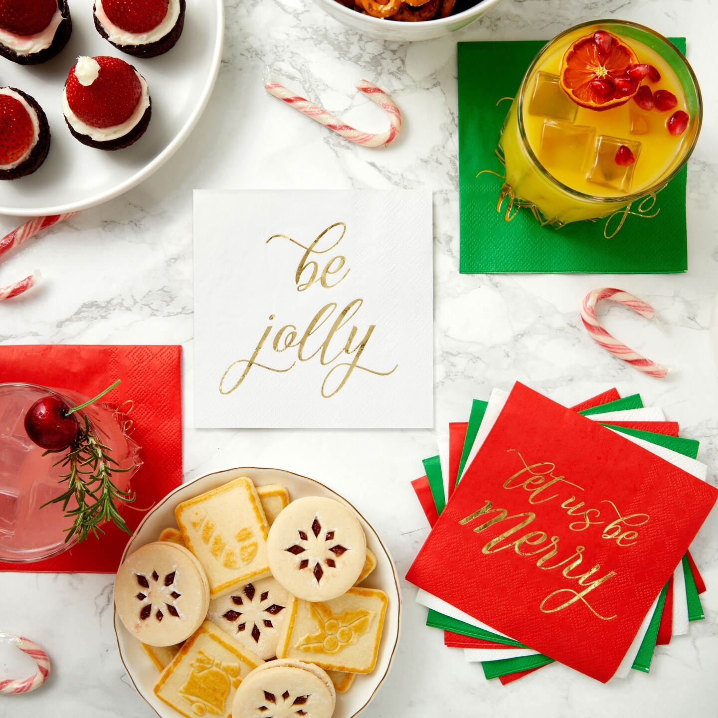 102-Pack Christmas Napkins, 3-Ply Disposable Paper Tableware for Holiday Party Supplies, Beverages, Cocktails, Table Decorations, Gold Foil Design, 3 Colors (5x5 In)