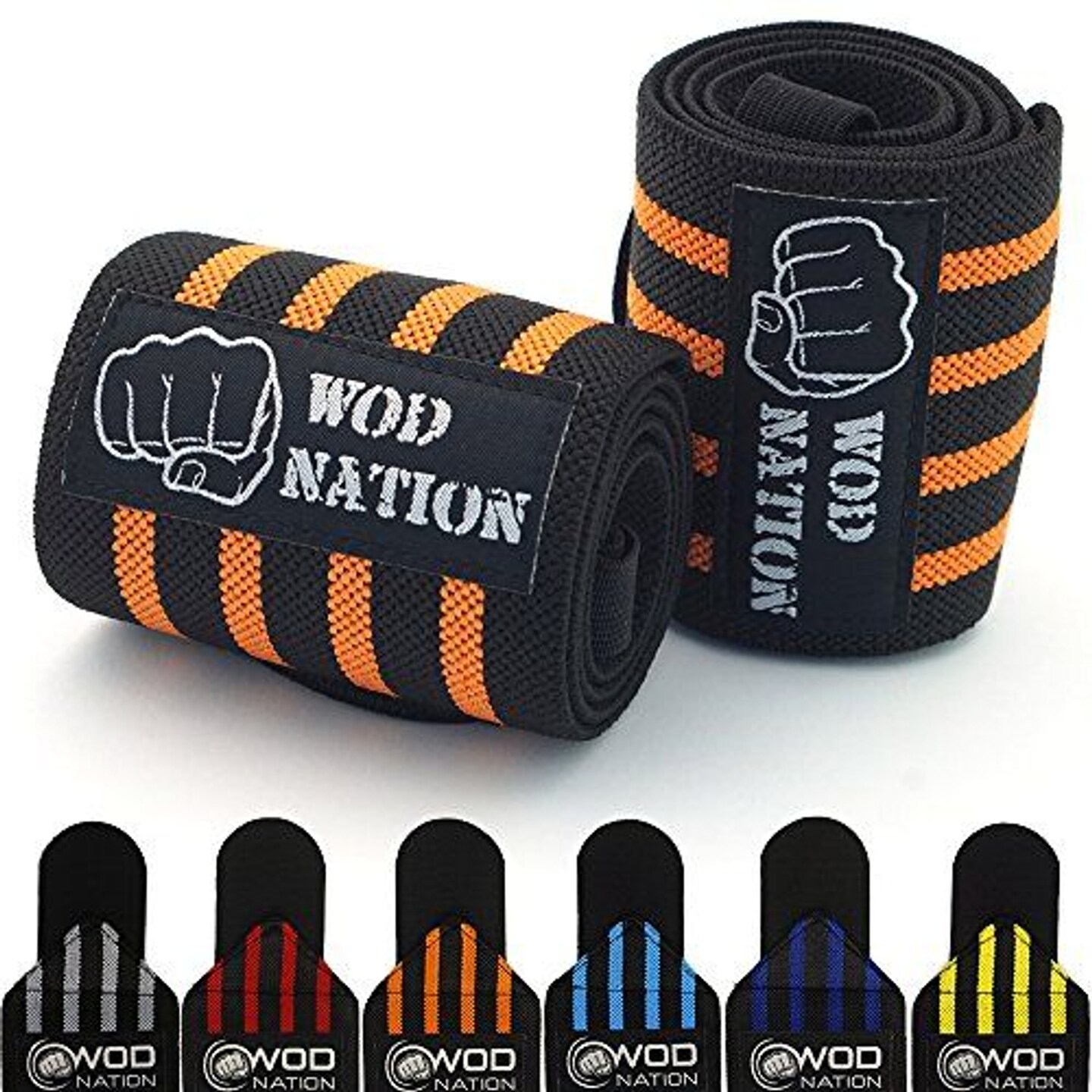 WOD Nation Wrist Wraps for Weightlifting, 18 Inch Professional Gym Wrist Straps w/Thumb Loop, Wrist Support Wraps for Men &#x26; Women for Strength Training, Powerlifting &#x26; Bodybuilding (Black/Orange)