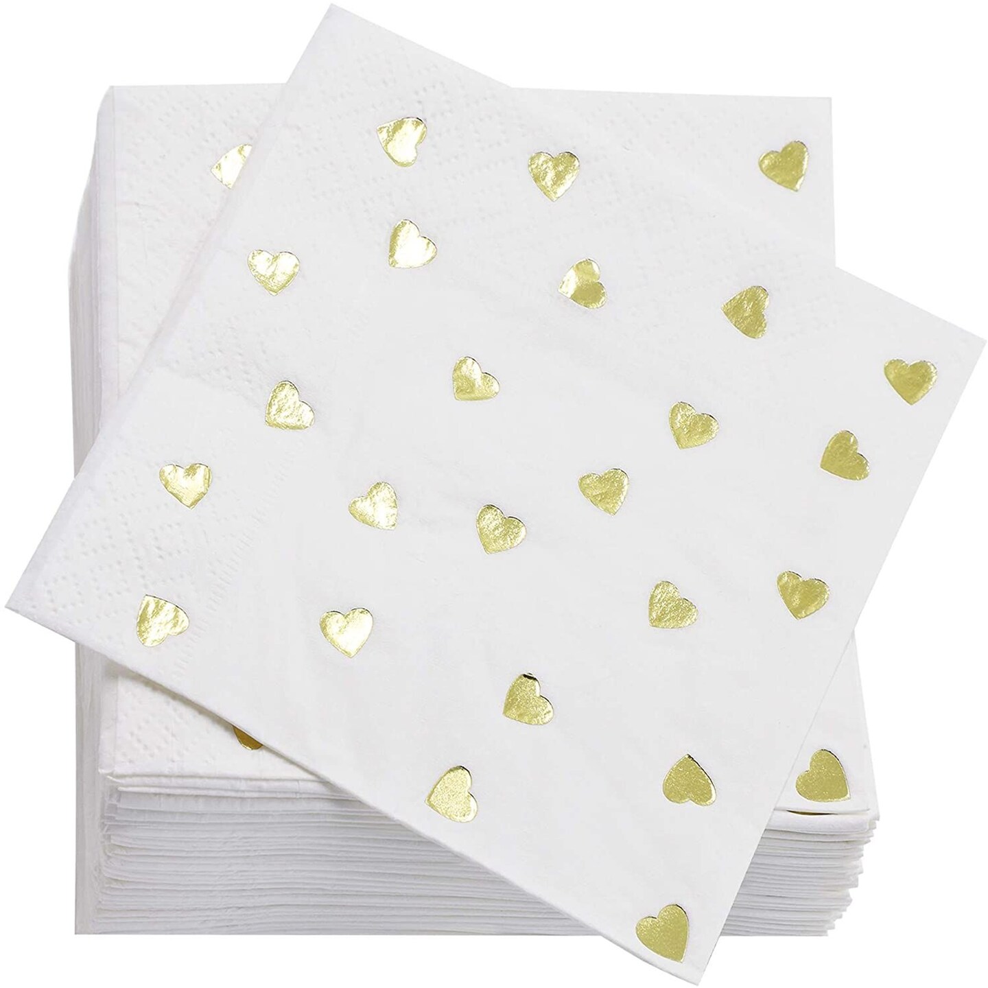 50 Pack Gold Heart Disposable Cocktail Napkins, 5x5 Inch Folded, Ideal Party Supplies for Wedding, Birthday, Valentines, Anniversary
