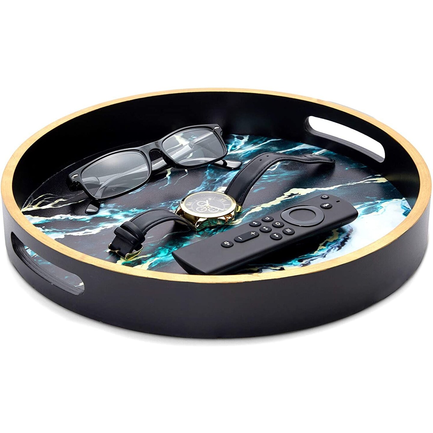 12&#x22; Round Decorative Serving Tray Coffee Table Ottoman Tray, Black Marble