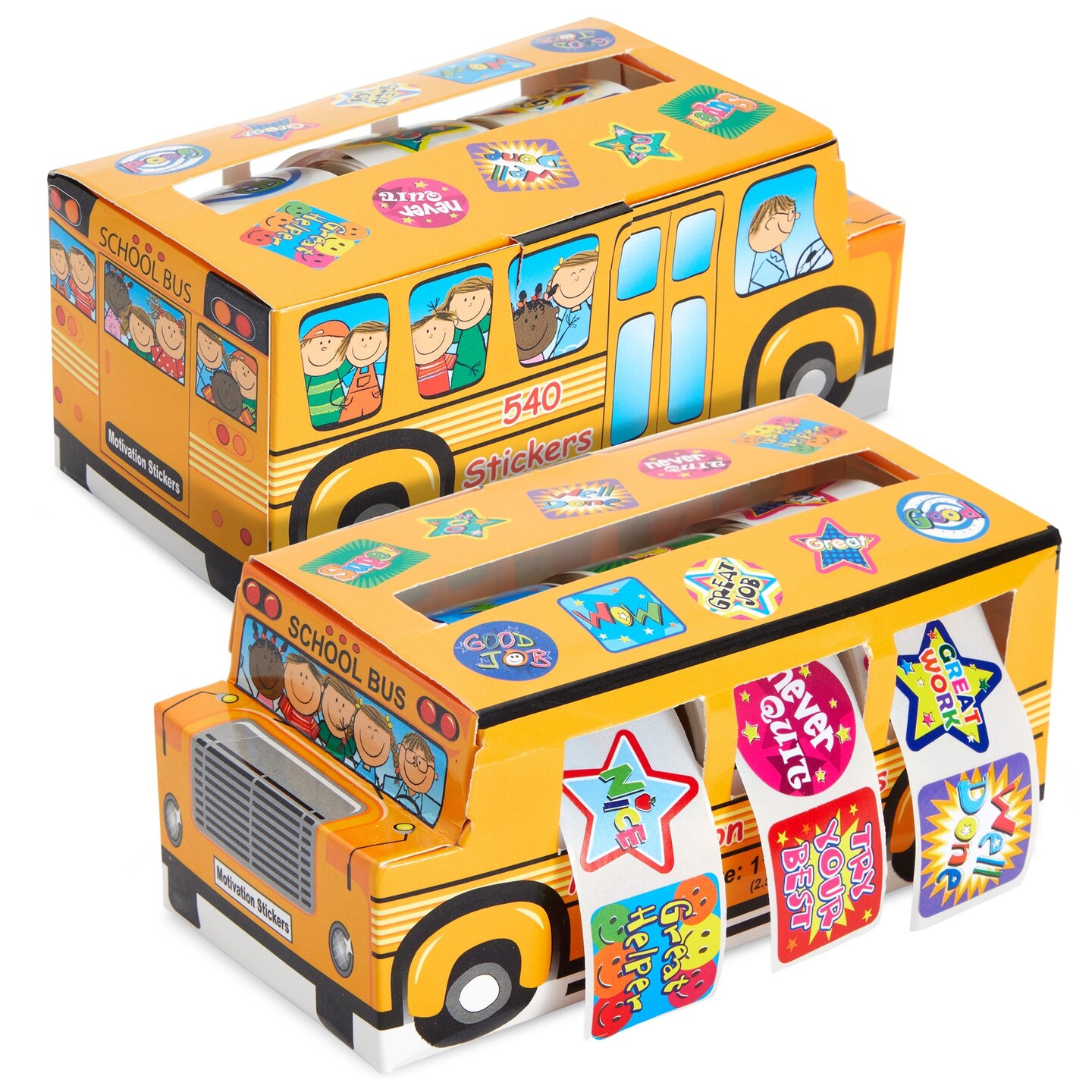 1080 Count Teacher Reward Motivational Stickers, Bulk Rolls for Students, Classroom Necessities, Daycare Supplies with 2 School Bus Dispensers (6 Rolls, 5.7x2.7x 2.5in)