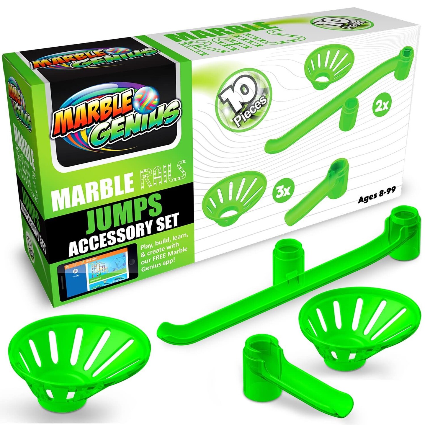 Marble Genius Add-on Accessory Marble Rails Jumps Set, 10 Piece Marble Run for Kids 8+ (2 Standard Jumps, 3 Small Jumps, 5 Catches), STEM, Great Holiday Gifts for Kids &#x26; Teens