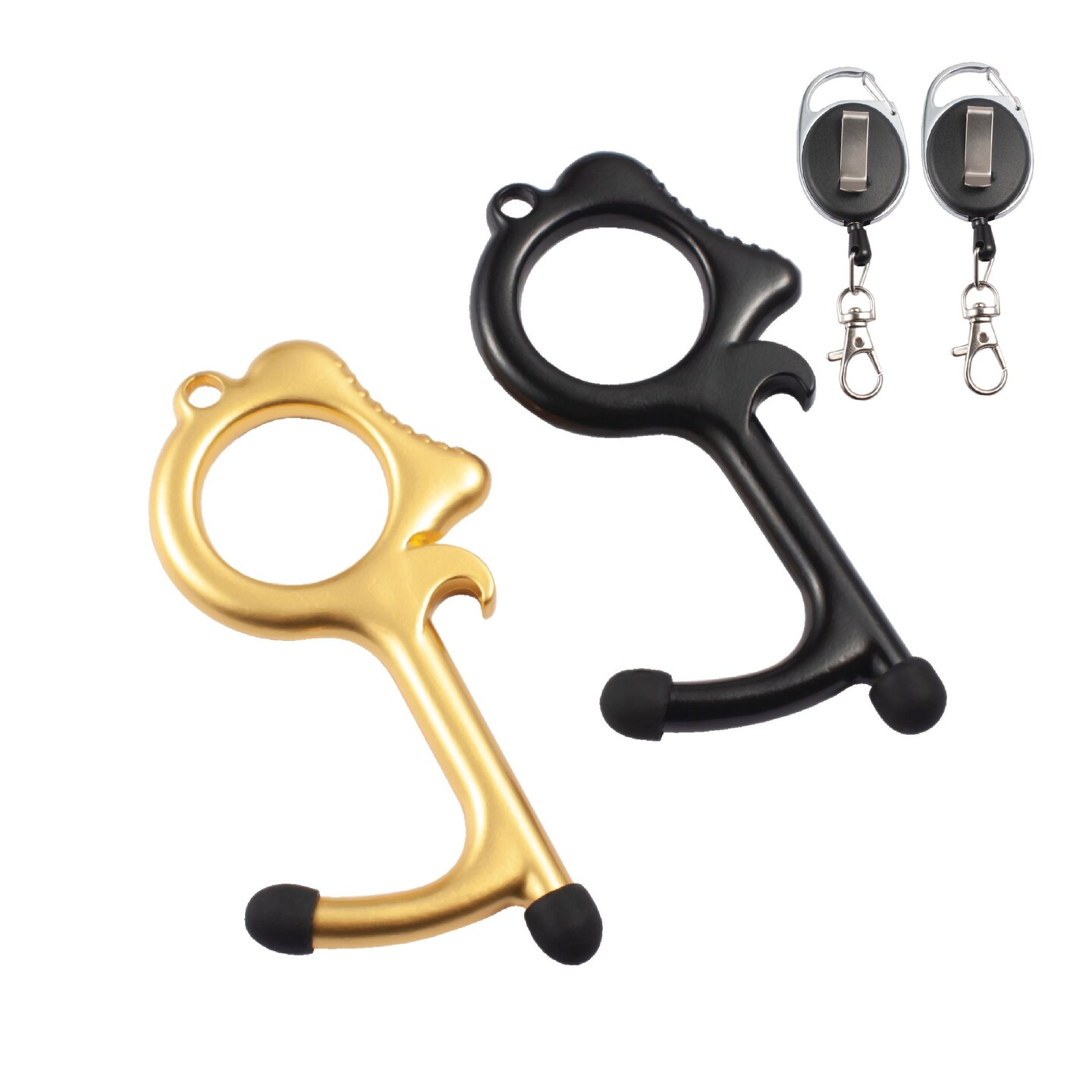 2 Pack No Contact Touch Door Opener Tool with Stylus Ends & Retractable Keychain, Gold Black