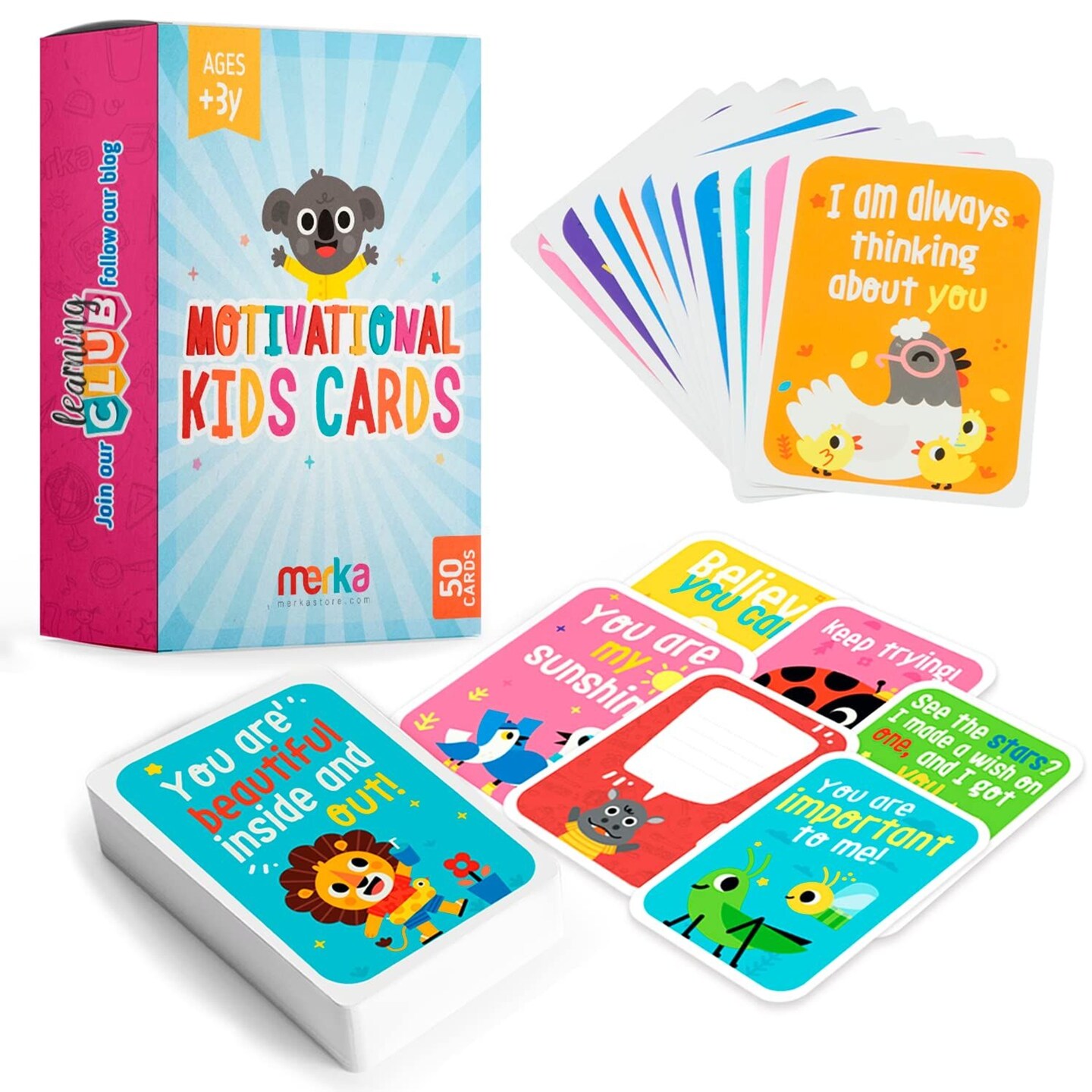 merka Set of 50 Affirmation Cards for Kids, Lunch Notes, Lunchbox Notes for Kids, Flash Cards with Daily Motivational Quotes to Create Positivity