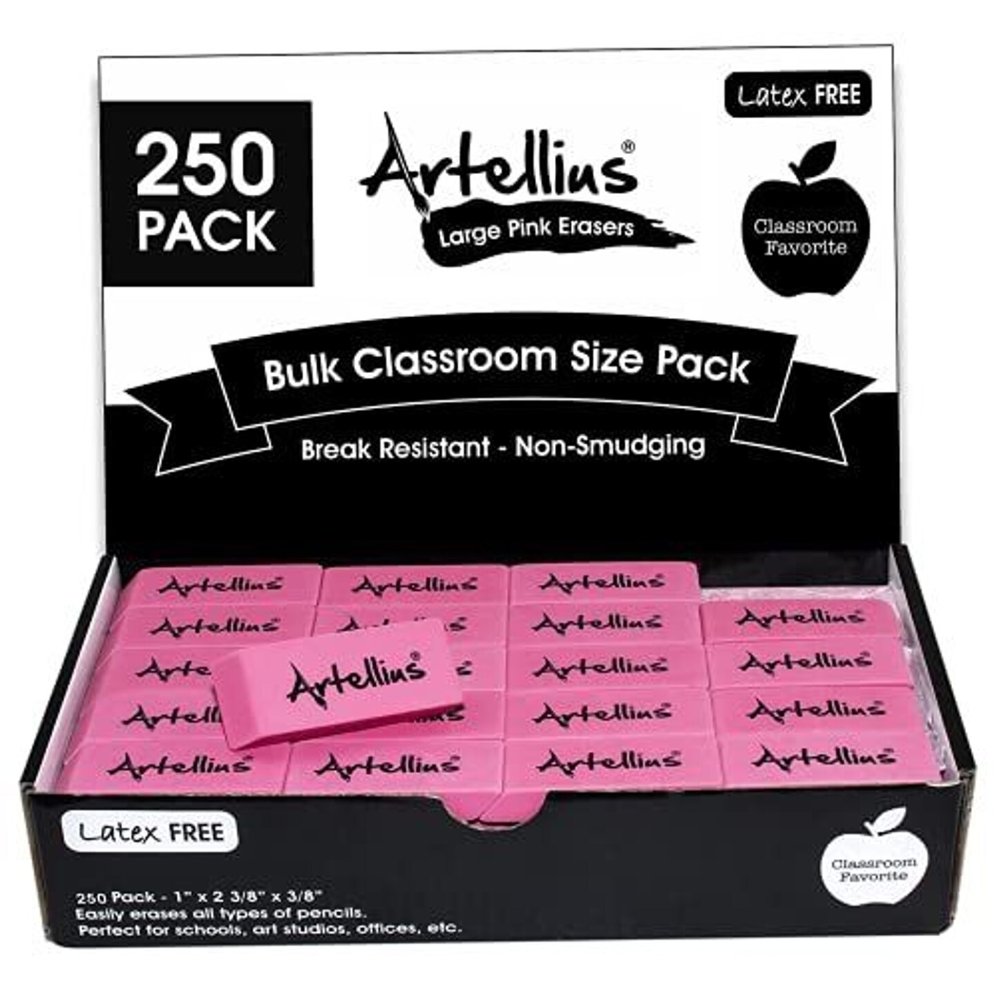 Pink Erasers Pack of 250 - Large Size, Latex &#x26; Smudge Free - Bulk School Supplies for Classrooms, Teachers, Homeschool, Office, Art Class