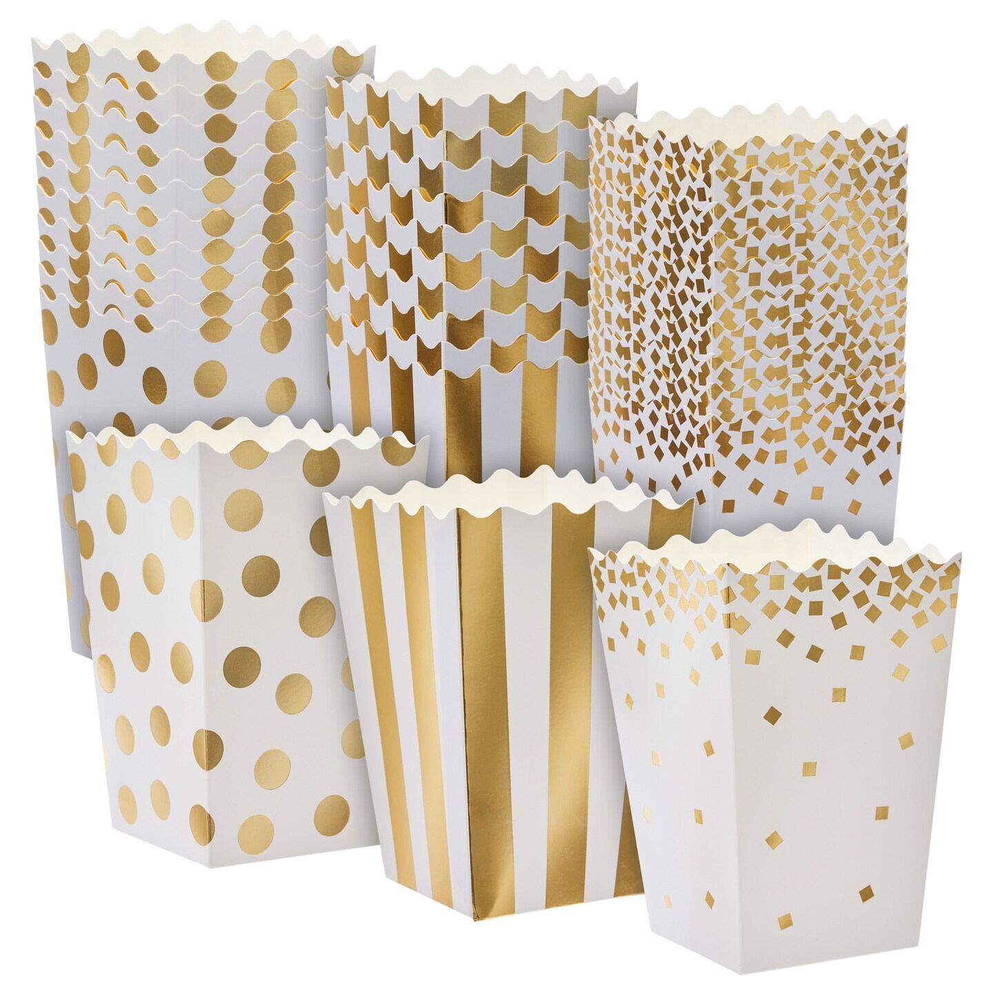 102 Pack Gold Foil Mini Popcorn Boxes for Movie Night Party Supplies, 3 Designs (20oz, 3.5x3.5x5.5 in)