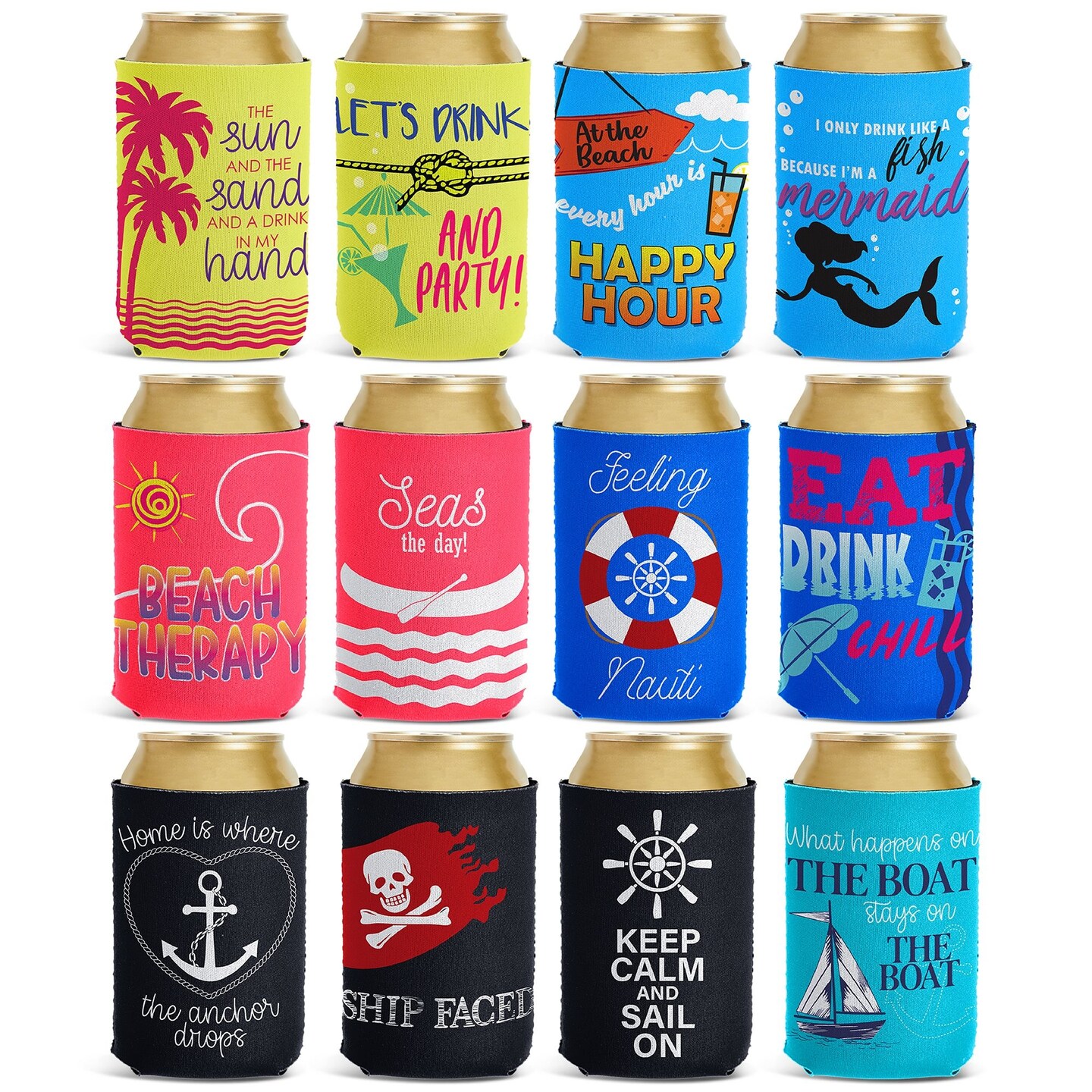 12-Pack Neoprene Can Cooler Sleeves for Soda, Soft Drinks, Beverages, Water Bottles, Beer Covers for Beach, Summer Pool Party Supplies, Cruise Favors (12 ounces)