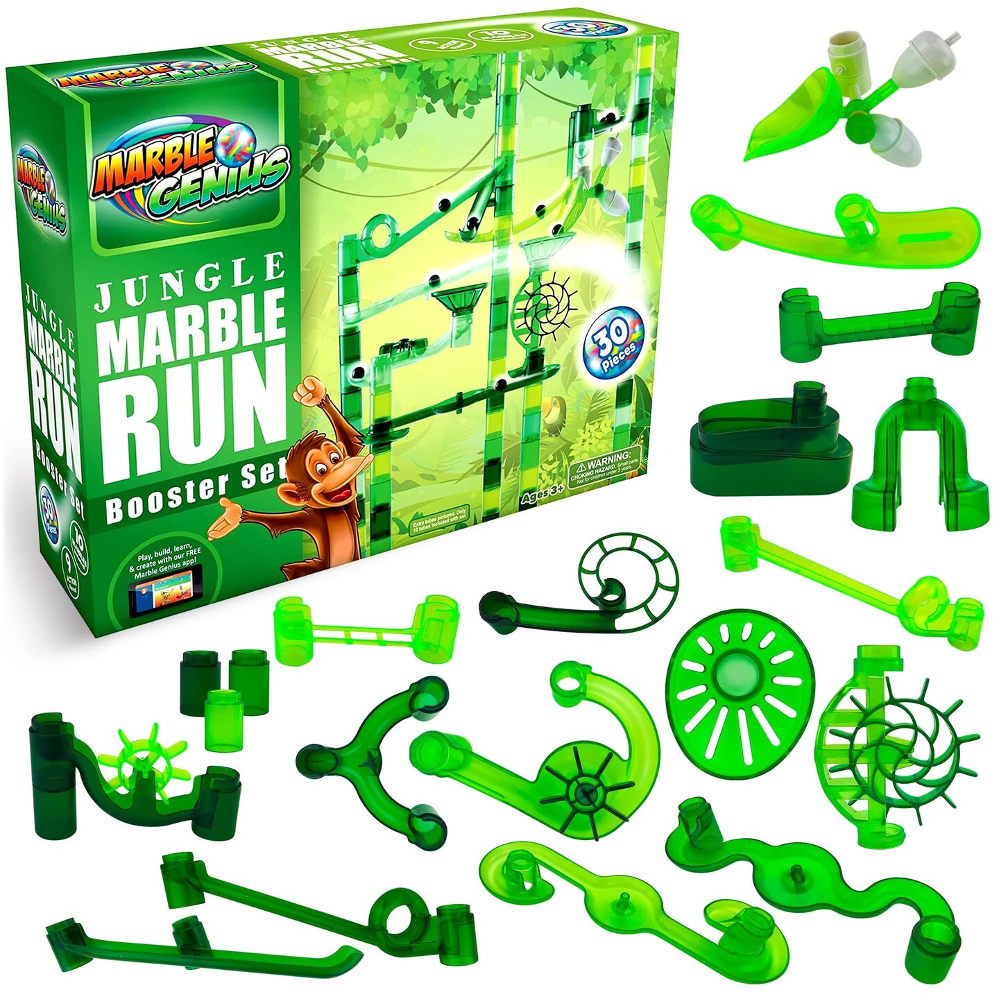 Marble Genius Marble Run Booster Set - 30 Pieces Total (10 Action Pieces Included), Construction Building Blocks Toys for Ages 3 and Above, with Instruction App Access, Add-On Set, Jungle