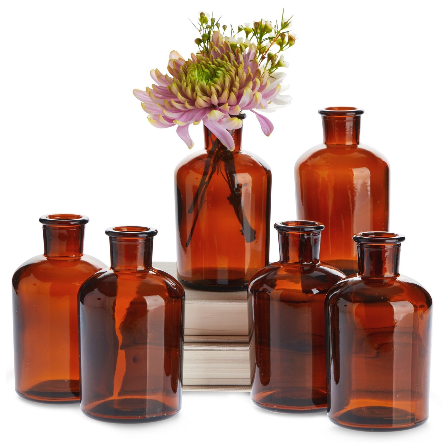 Small Amber Vases for Centerpieces, Brown Glass Vase Bottles for Stems, Flower Buds, Apothecary Style Home Decor (2.8x5 in), 6-Pack