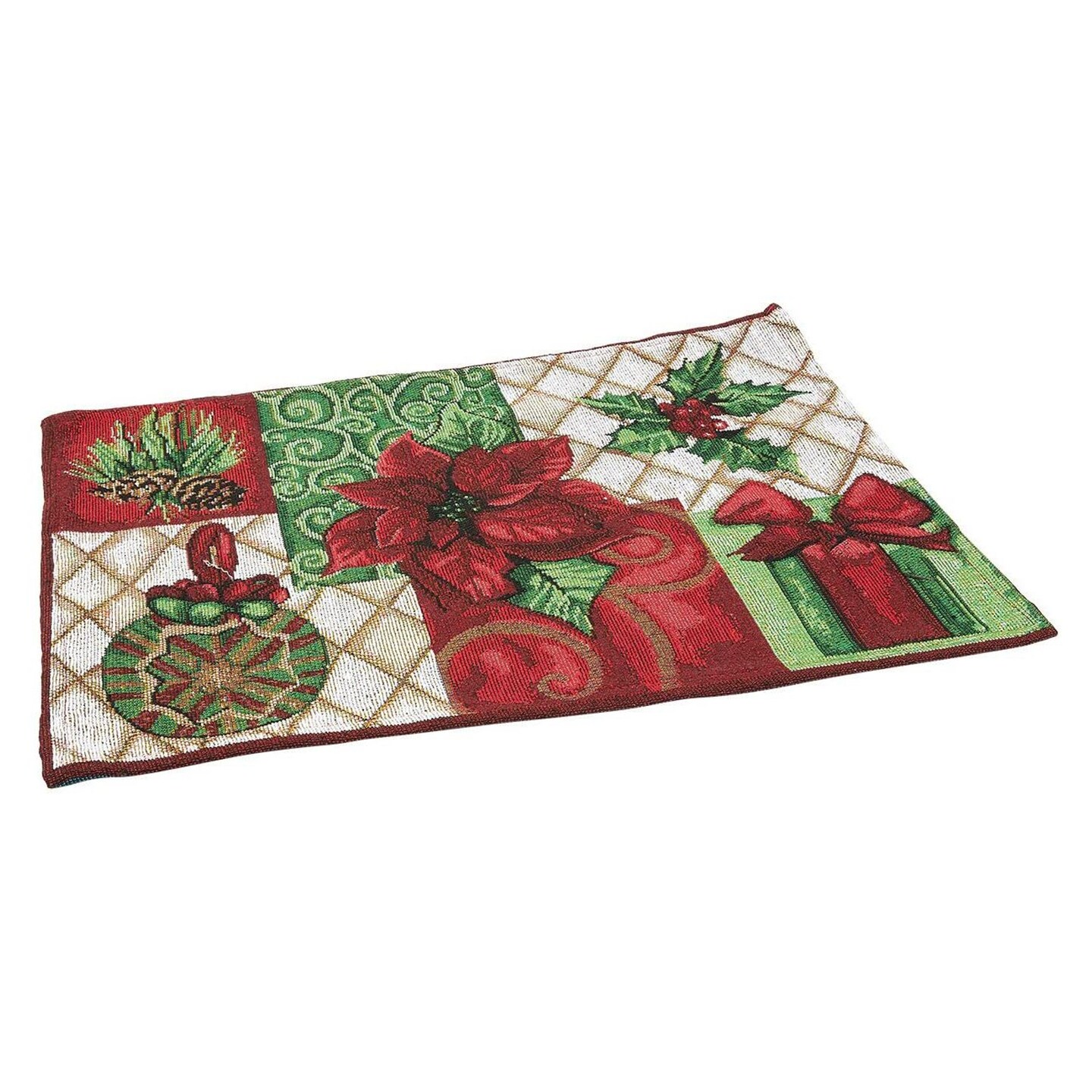Juvale Christmas Table Placemats Set of 6, 13.5 X 18.5 Inches, Poinsettia, Gift Box, Pinecone, Christmas Ornament Design, Made from Polyester Fabric, Cloth Placemats for Decorations and Dining