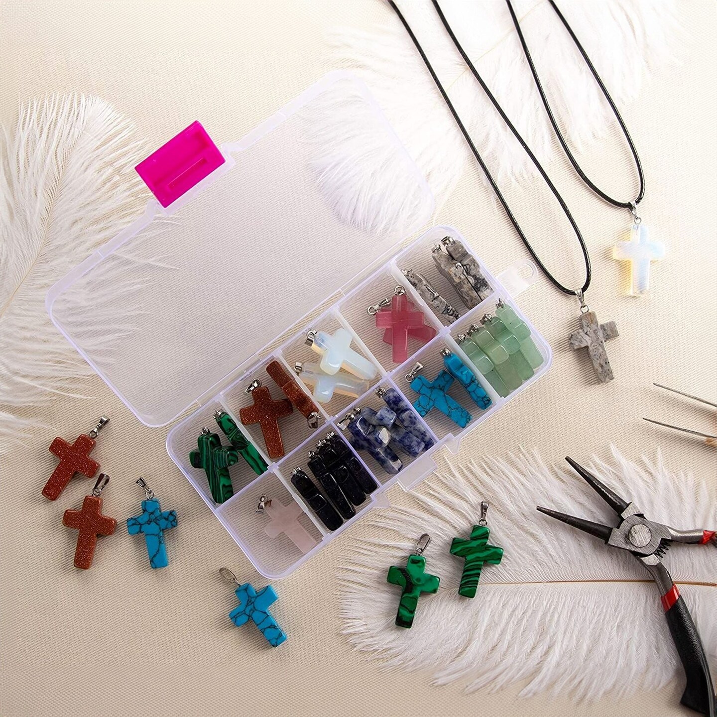40 Piece Cross Charms for Jewelry Making, Bracelets, with Bail, Storage Case, Natural Gemstone Pendants for Necklaces, DIY Crafts, Keychains (10 Colors)
