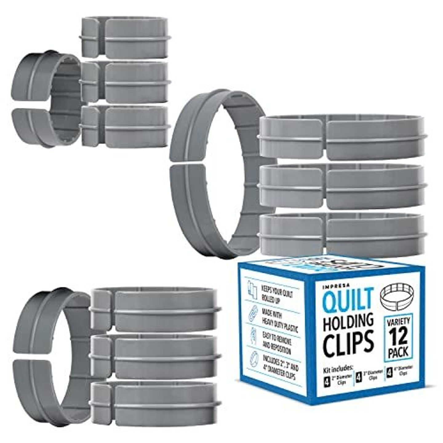 IMPRESA [Variety 12 Pack] 2,3,4 Inch Diameter Quilting Rings - Versatile Clamps Quilt Clip for Machine Quilting Creations - 1&#x22; Tall Clamp for Quilt