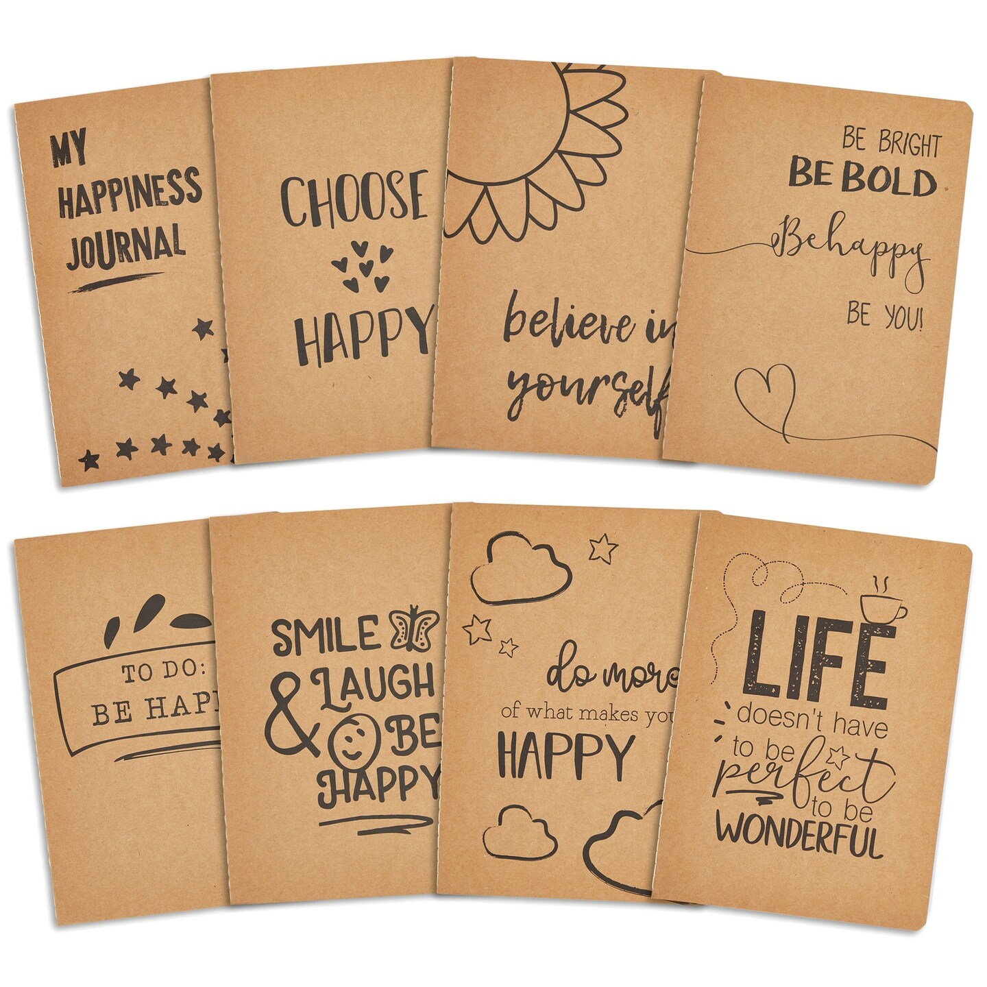 8 Pack Inspirational Notebook A5, 5.8 x 8.3 inch Kraft Paper Lined Journals, Bulk Set, Art Journals, Teacher Notebook for School Classroom, Home, Office - Happy Theme