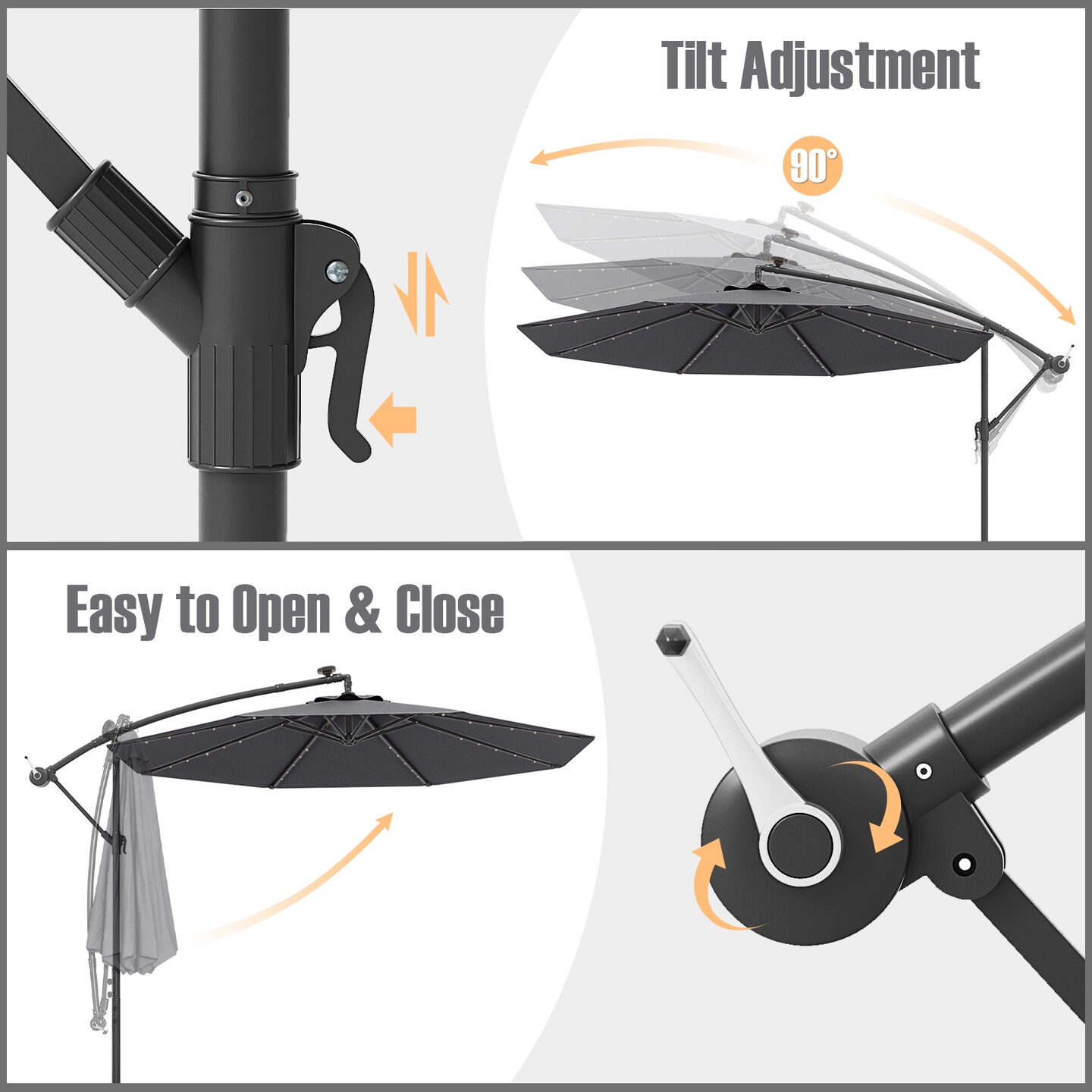 10 Ft Beige Steel Offset Cantilever Patio Umbrella with 40 Solar Powered LED Lights and Adjustable