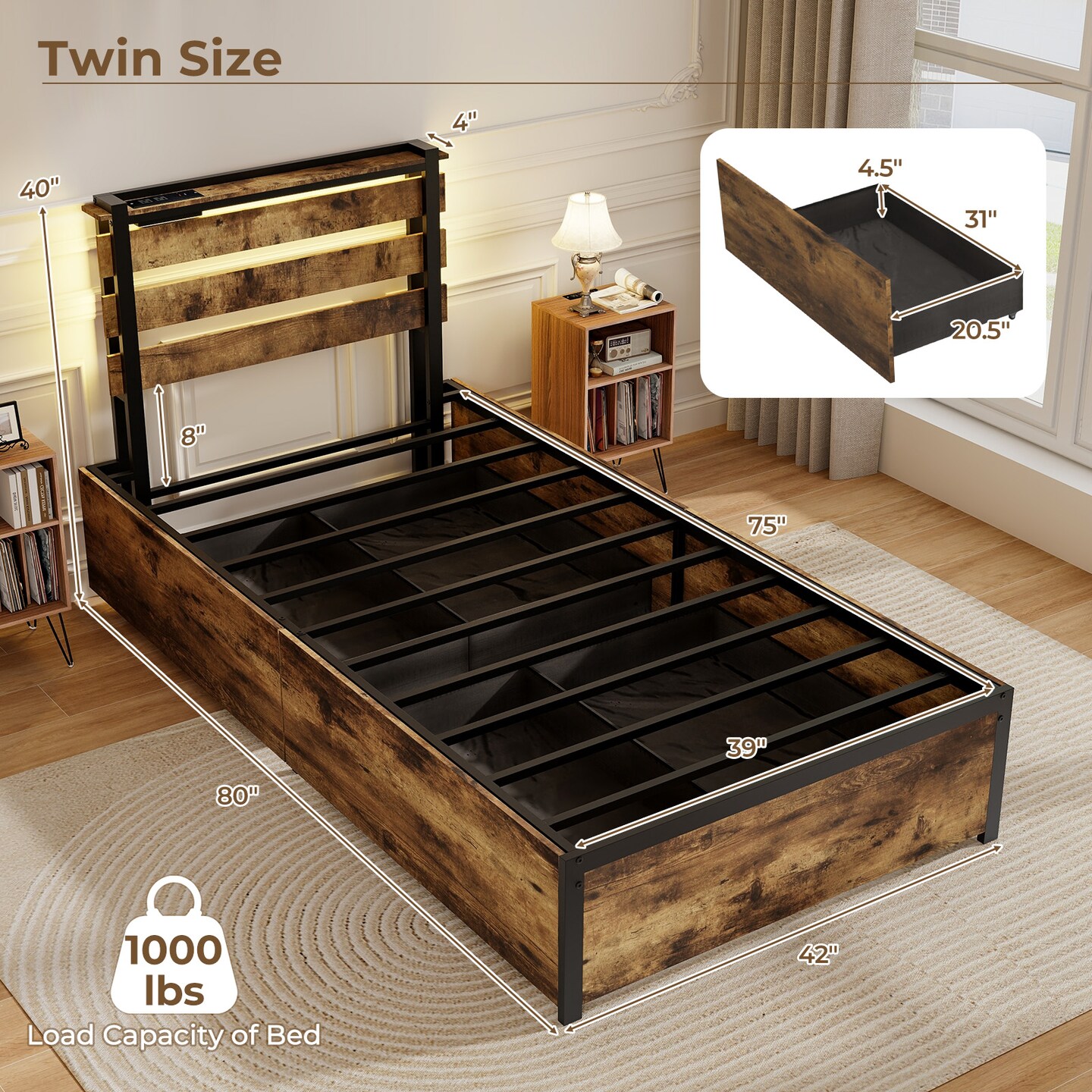 Rustic Brown Platform Bed Metal Frame with Drawers LED Lights and USB Ports