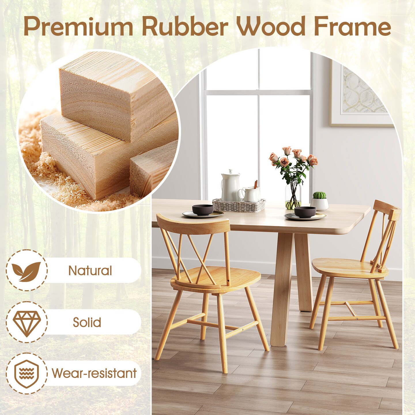 Farmhouse Dining Chair Set of 2, Rubber Wood Frame, Comfortable Seating for Kitchen and Dining Rooms