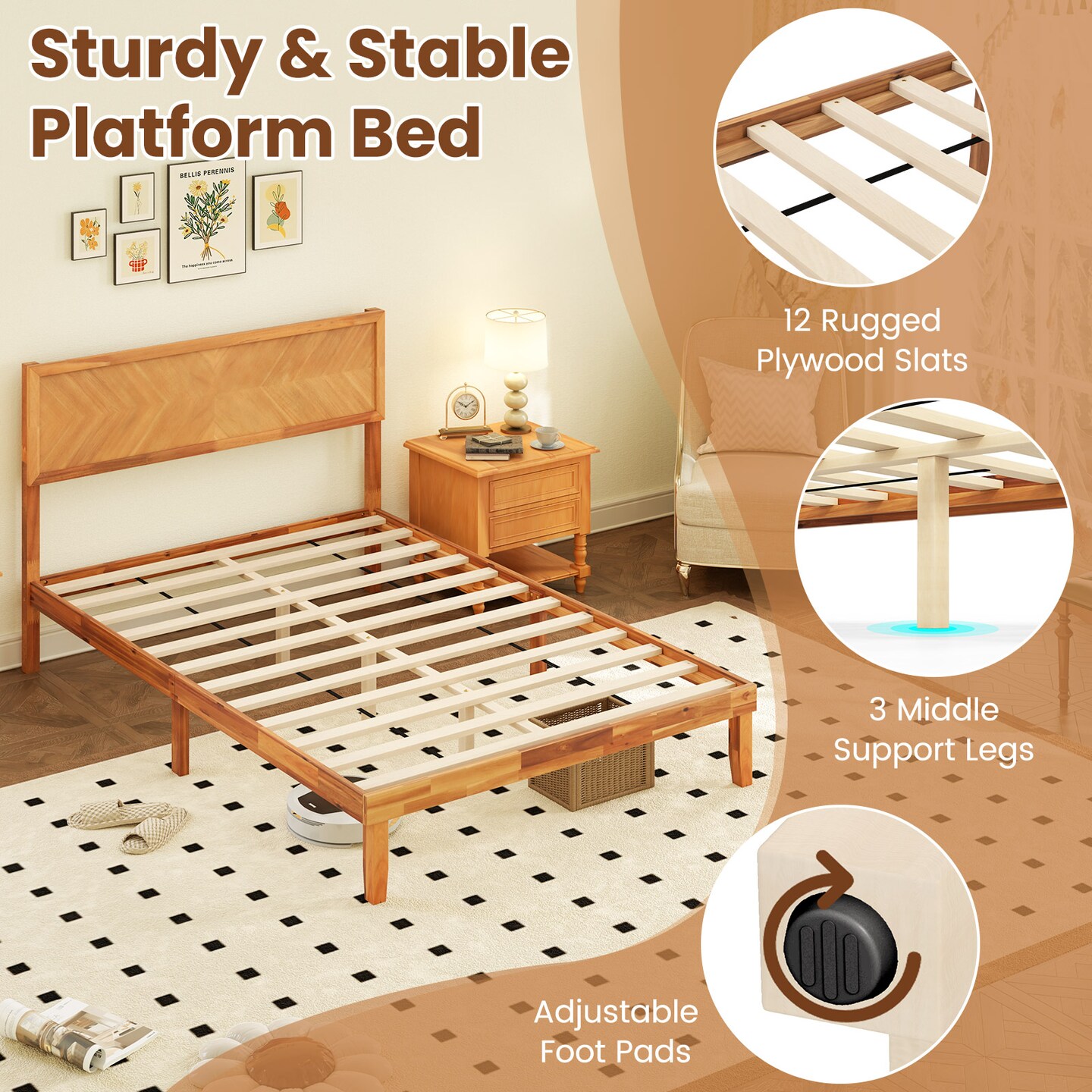 Rustic Golden Brown Acacia Wood MDF Platform Bed Frame with Headboard and Under-Bed Storage