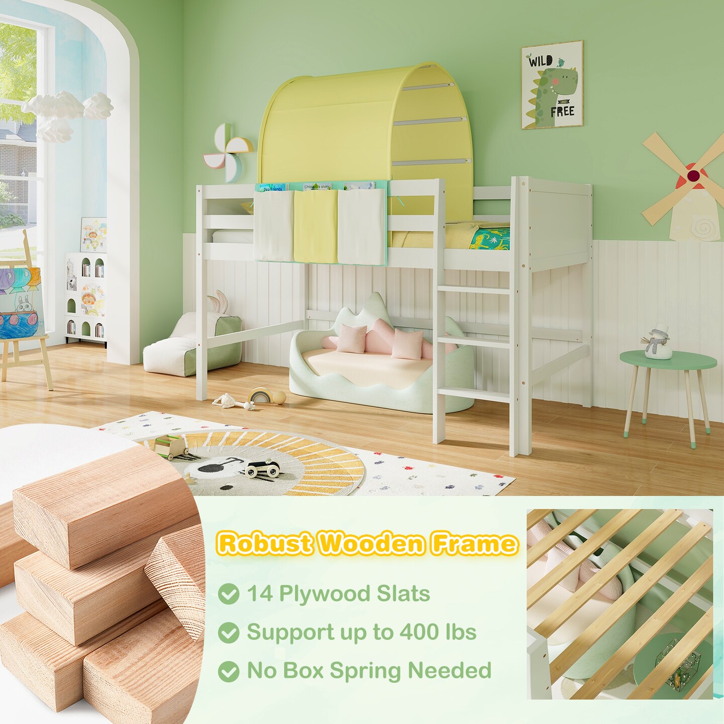 Twin Size Playhouse Loft Bed Frame with Tower Tent and 3 Storage Pockets for Kids