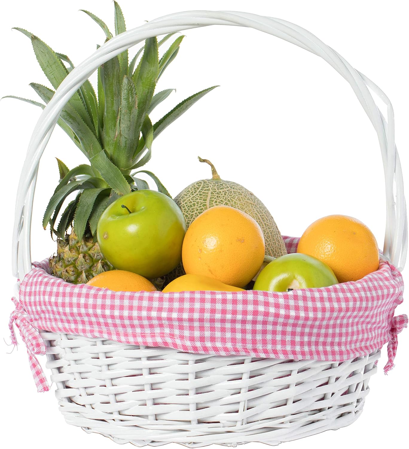 White Round Willow Gift Basket, with Pink Gingham Liner and Handle - Medium