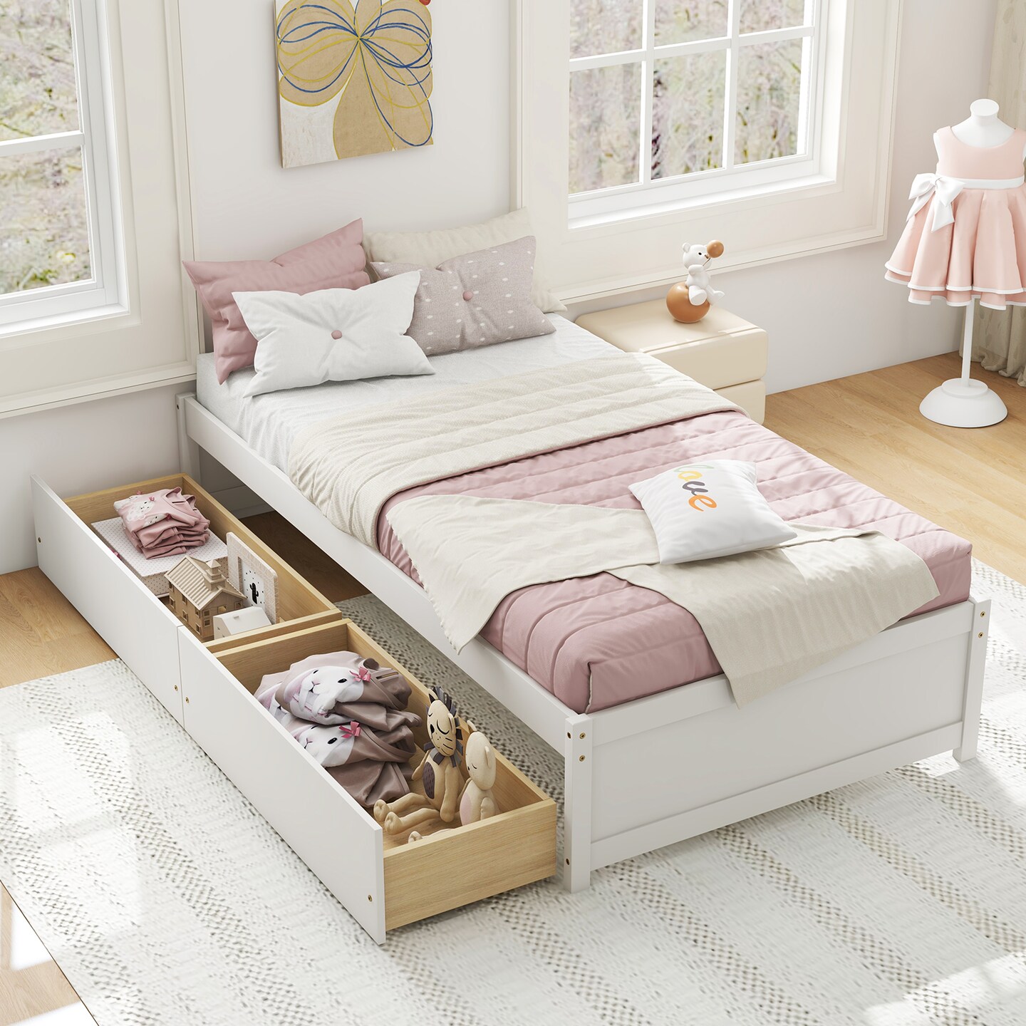 Wooden Twin Captain Bed with Storage Drawers and Daybed Function