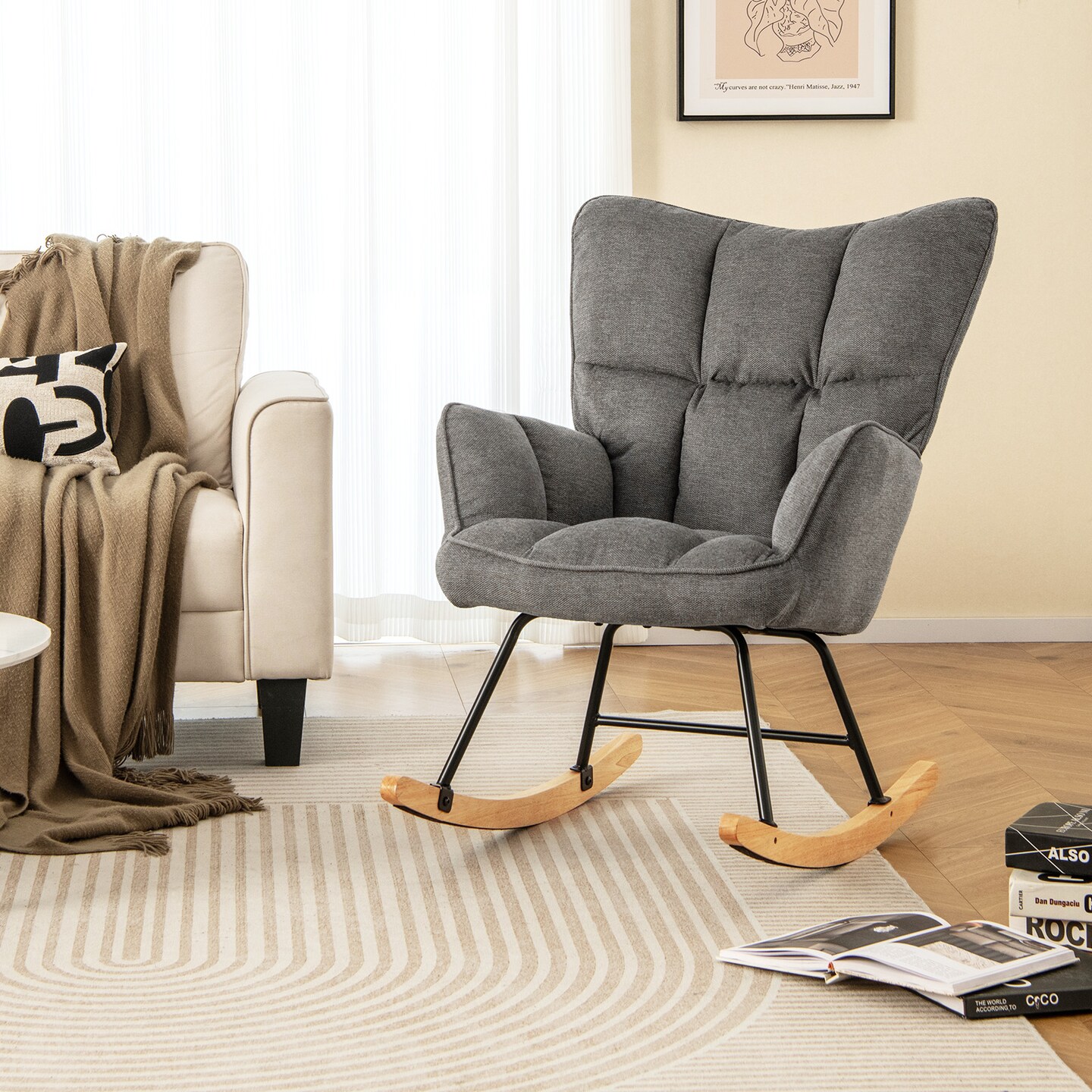 Modern Upholstered Rocking Arm Chair with High Backrest and Plush Seat