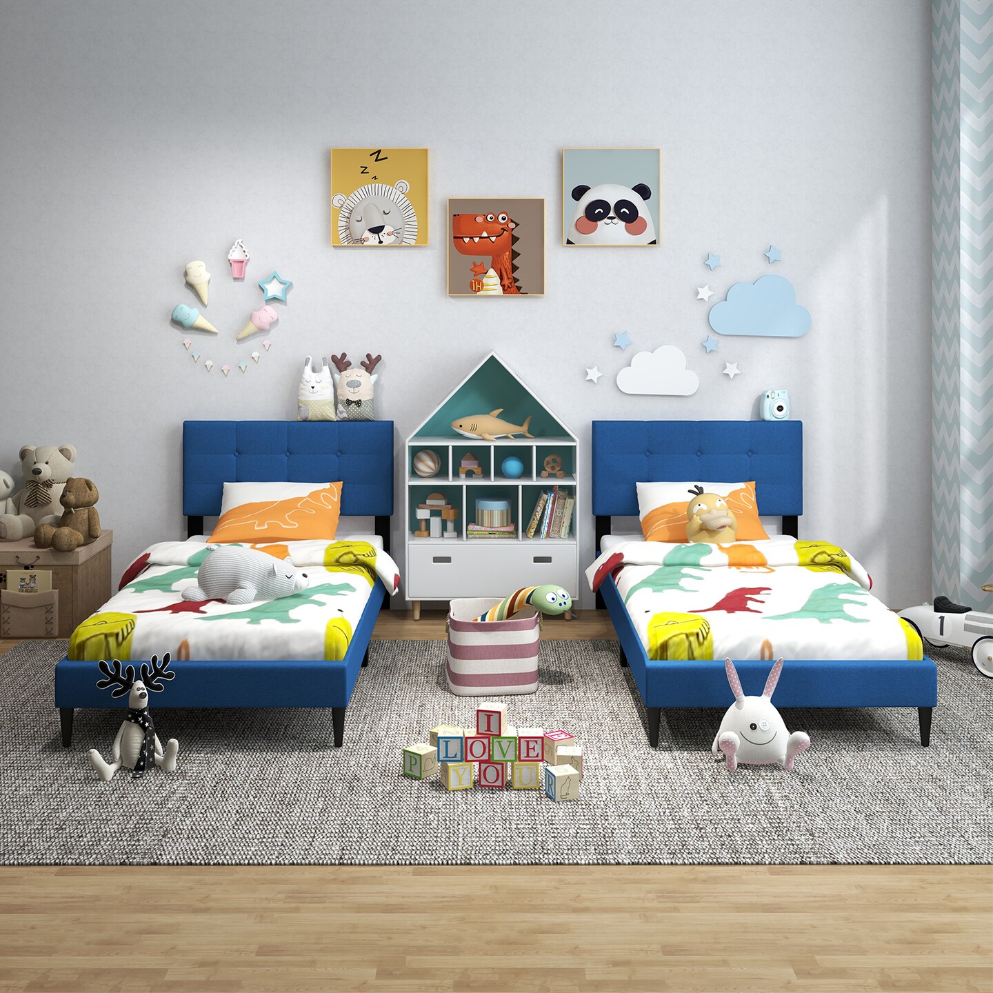 Linen Upholstered Twin Size Platform Bed with Button Tufted Headboard