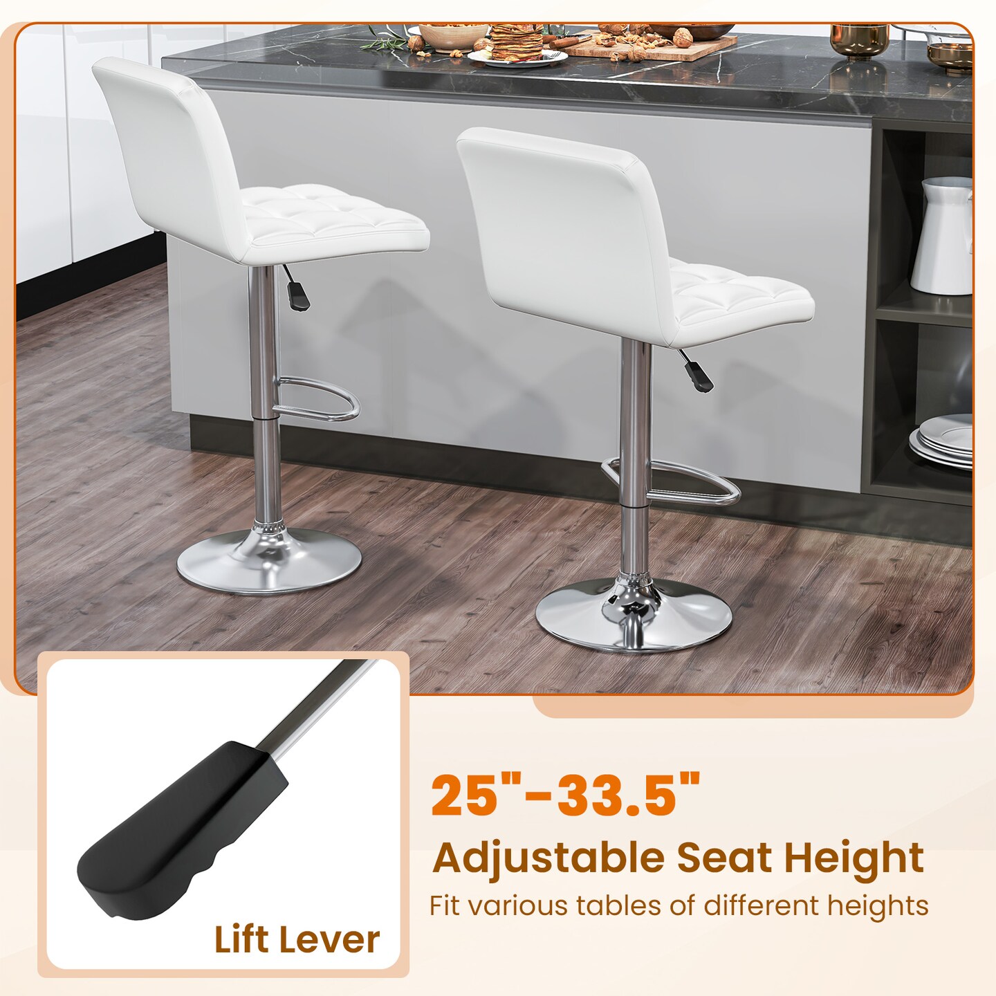 PU Leather Bar Stools Set of 2 with Backrest, Adjustable Height, Modern Design, Comfortable Seating