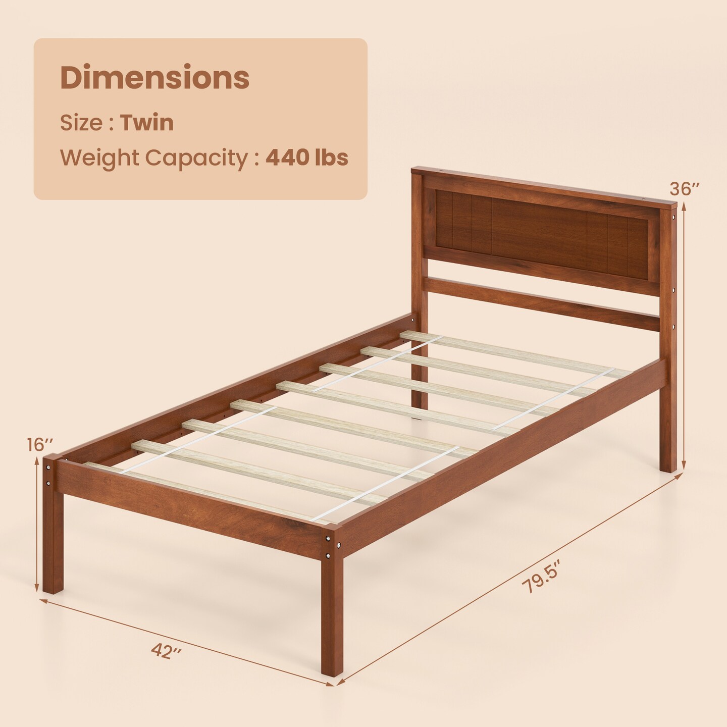 Metal Twin/Full/Queen Size Bed Frame with Wooden Headboard and Slat Support
