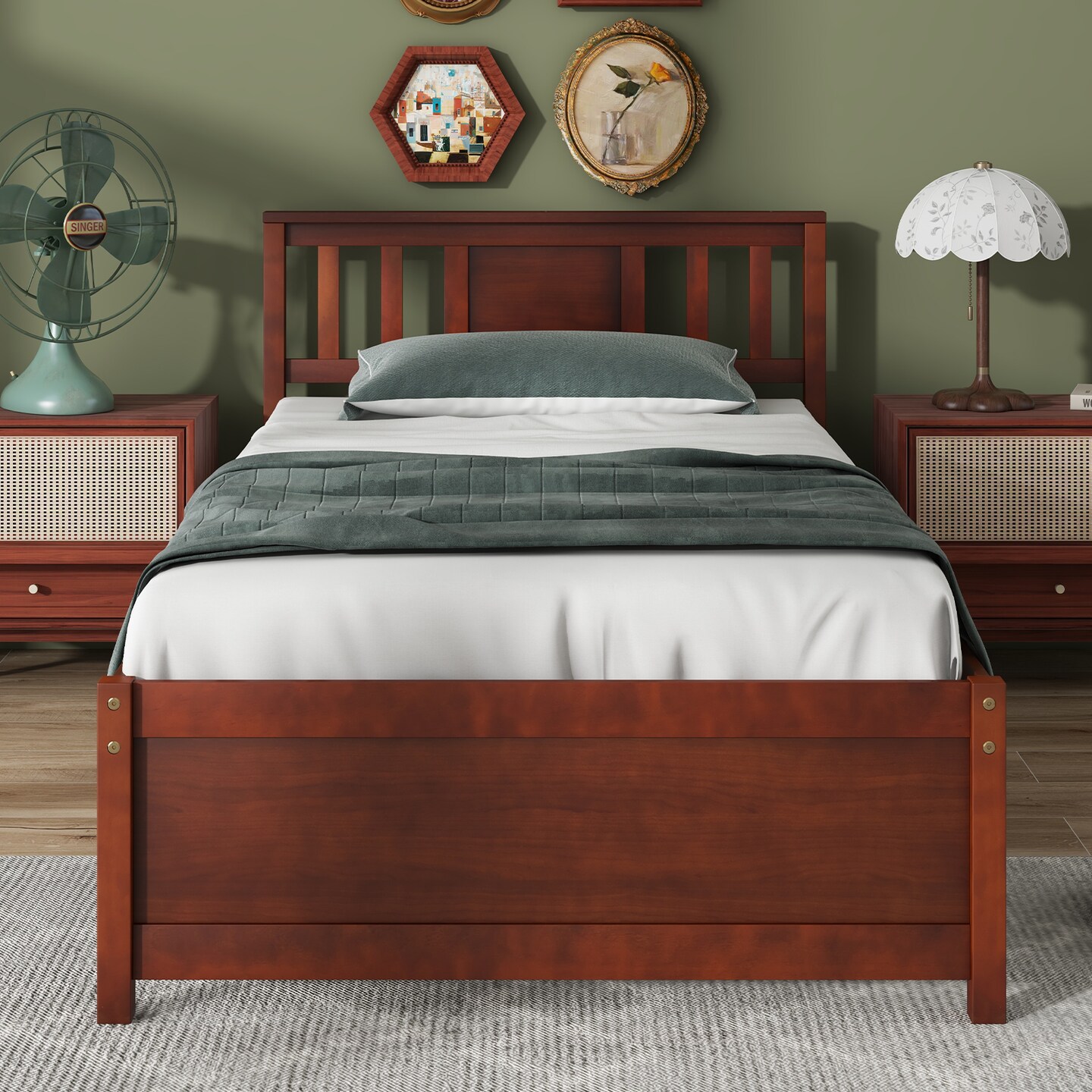 Wooden Platform Bed with Headboard and Slat Support