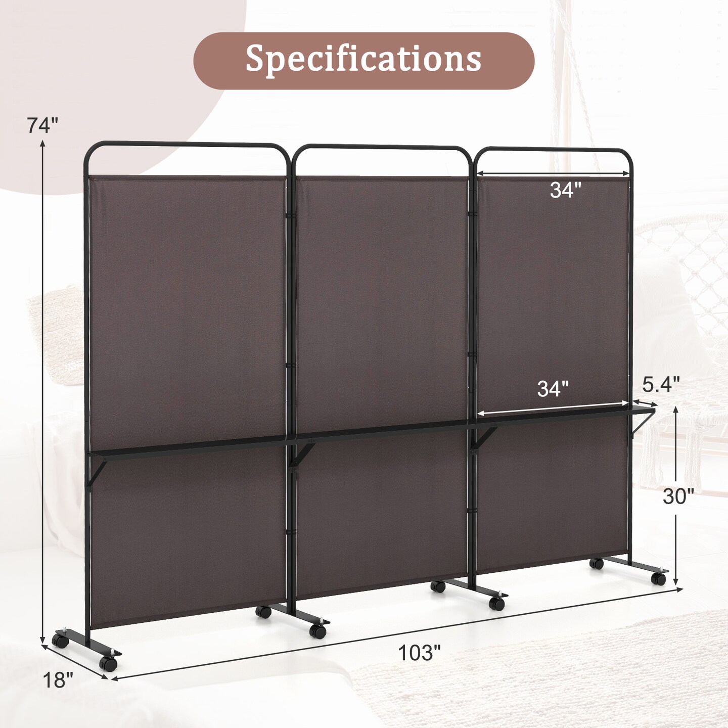 3-Panel Folding Room Divider with 3 Metal Shelves and Lockable Wheels
