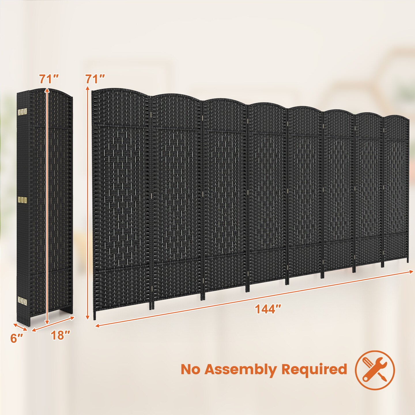 8-Panel Folding Room Divider with Hand-Woven Texture and Solid Wood Frame
