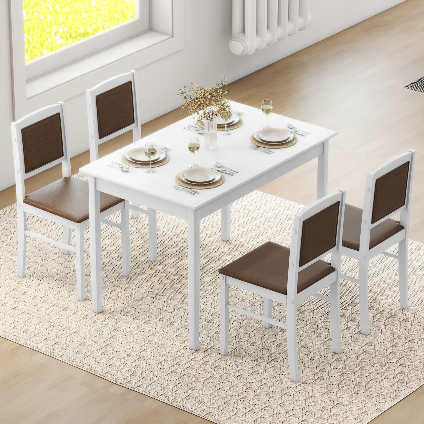 5-Piece Dining Set for 4 with Rubber Wood Legs, Compact Design for Small Dining Room