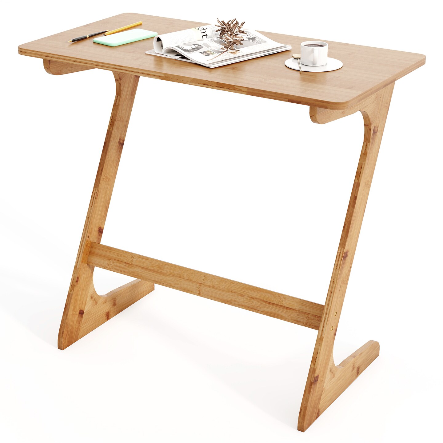 Wicker Z-Shaped Spacious Sofa Side Table with Space-Saving Tabletop