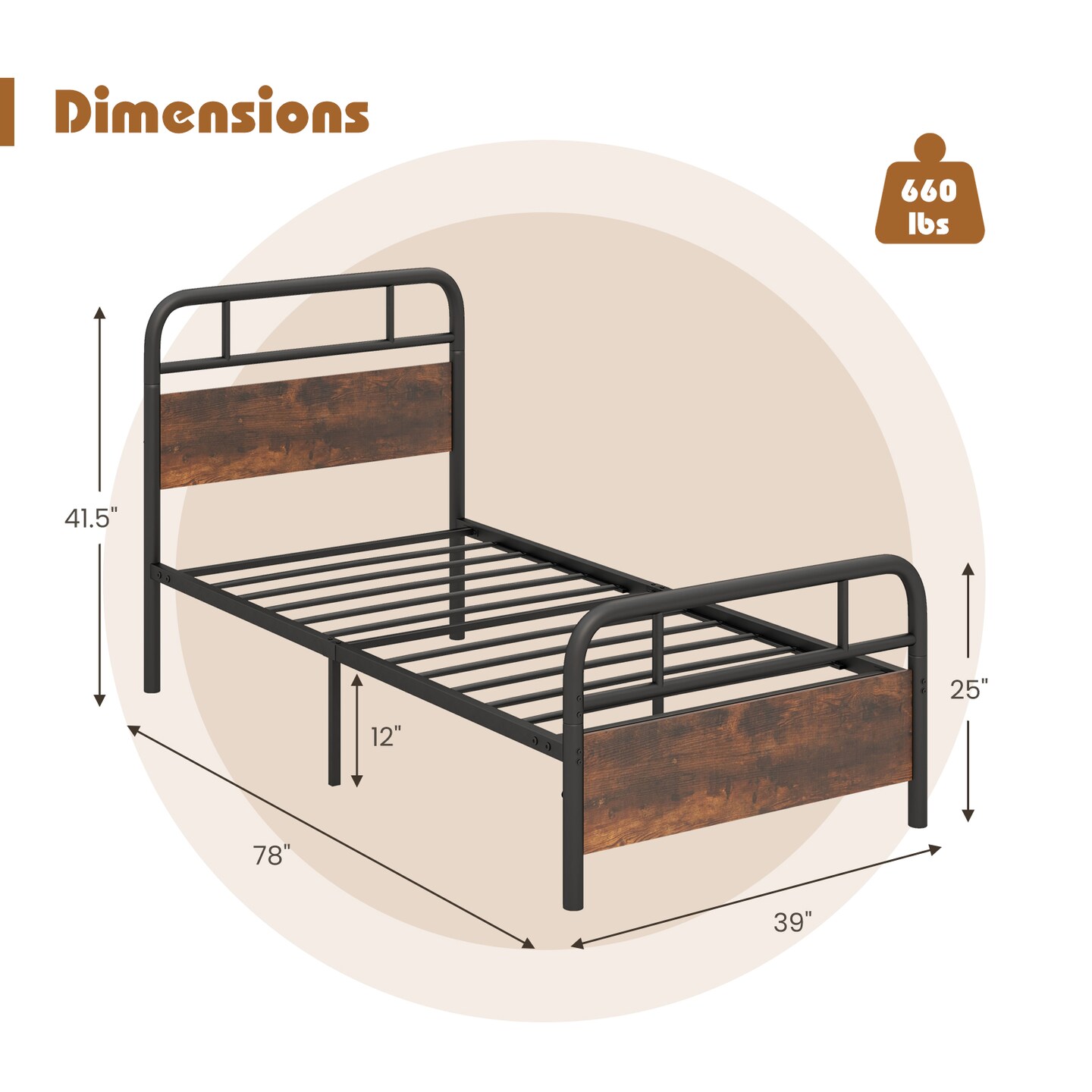 Industrial Metal Bed Frame with Headboard – Twin/Full/Queen Size, Sturdy Construction and Easy Assembly