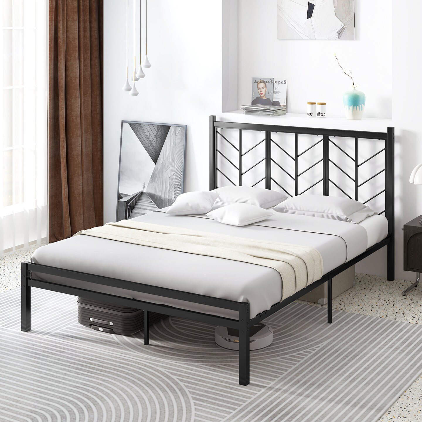Black Platform Bed with Branches Shape Headboard Design and Metal Frame