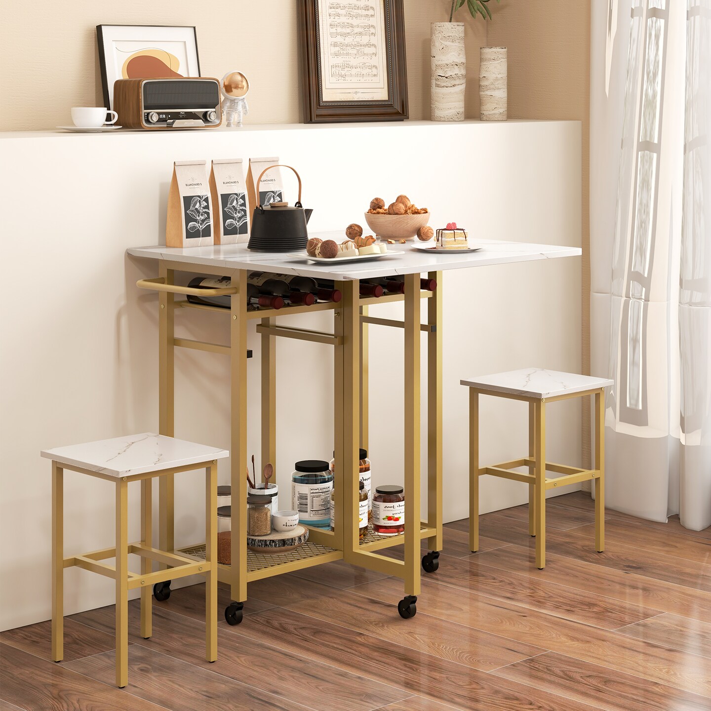 Engineered Wood Metal Dining Table Set with Extendable Top Wine Rack and Space-Saving Stools