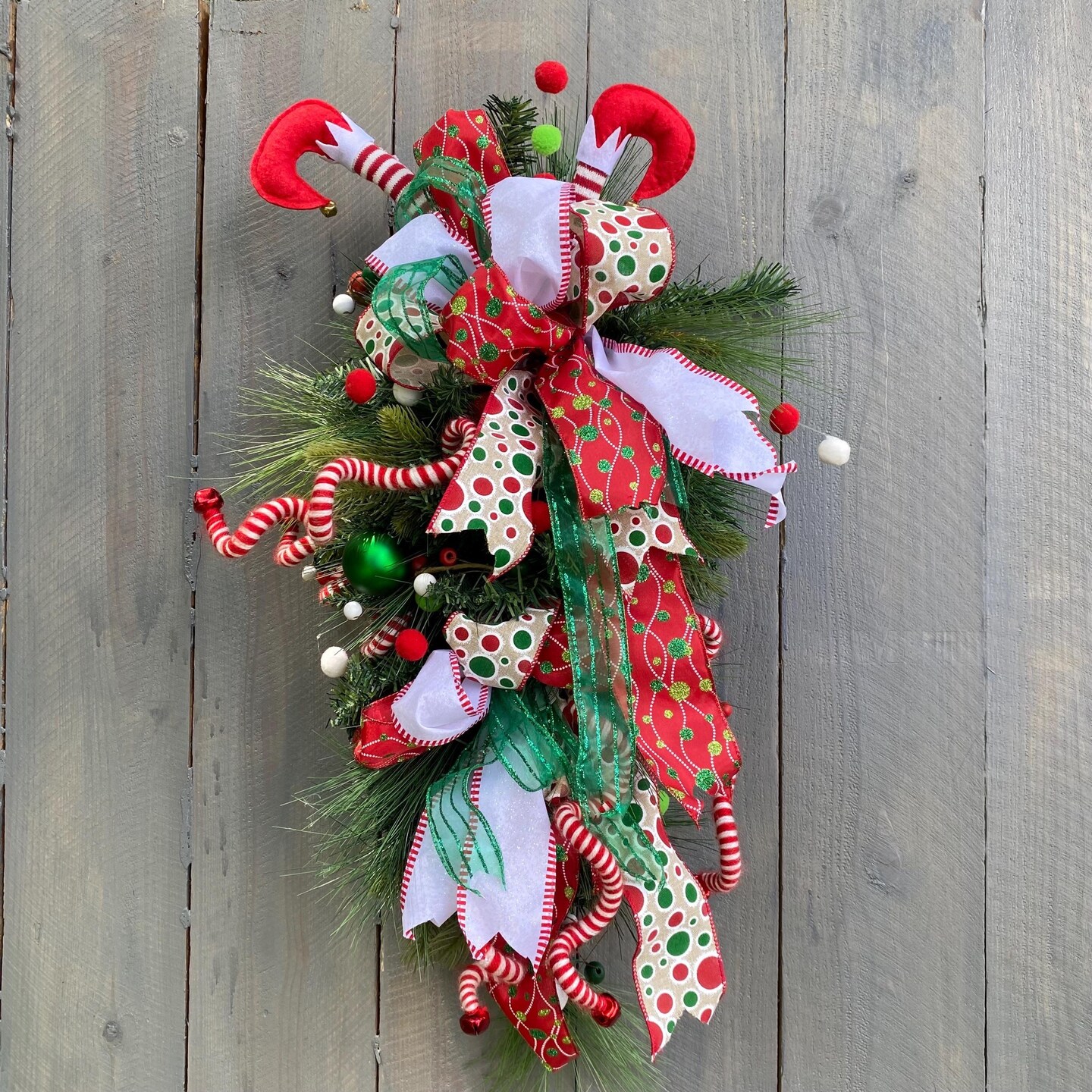 Christmas Teardrop Door Swag with Elf Legs, Fun Front Door Wreath