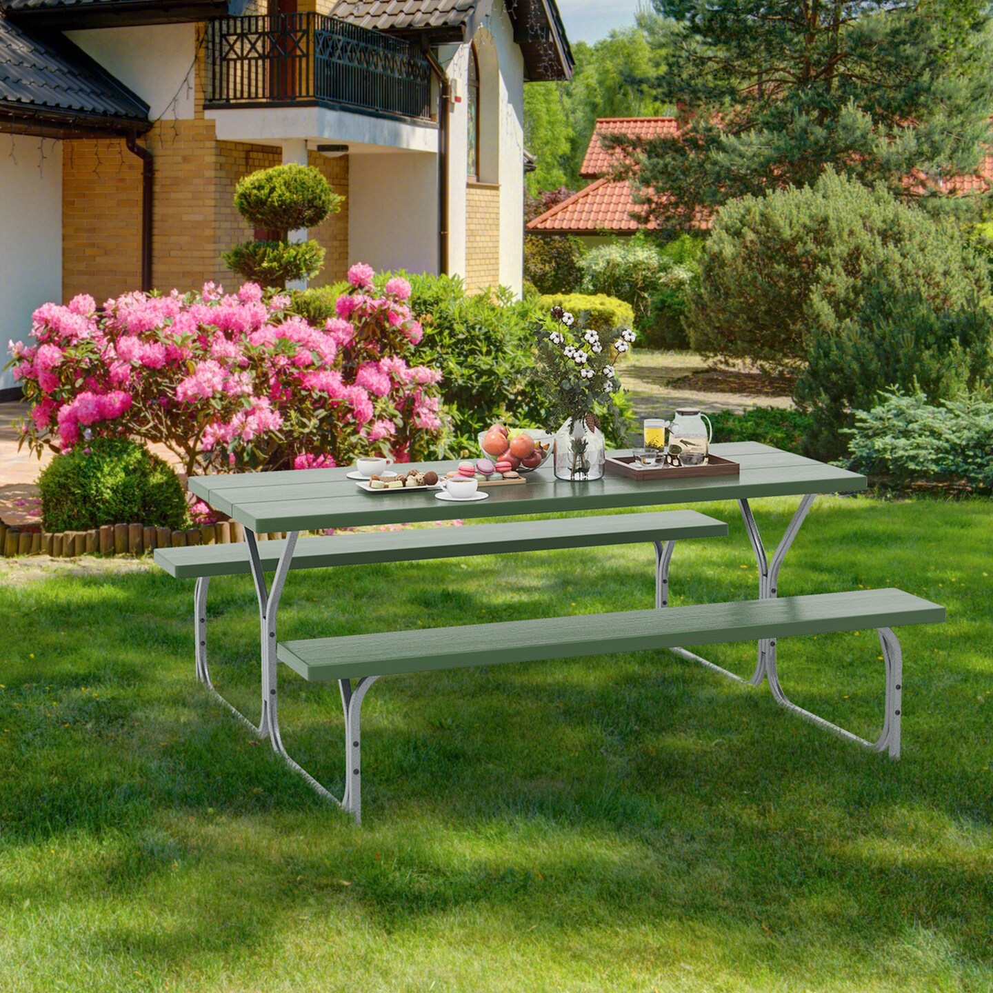 6 FT Picnic Table Bench Set Dining Table and 2 Benches with Metal Frame and HDPE Tabletop